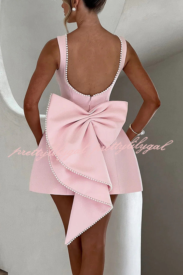 Elegant Pearl Embellished Large Bow Slim Fit Mini Dress for Women - Perfect for Parties, Weddings & Special Occasions