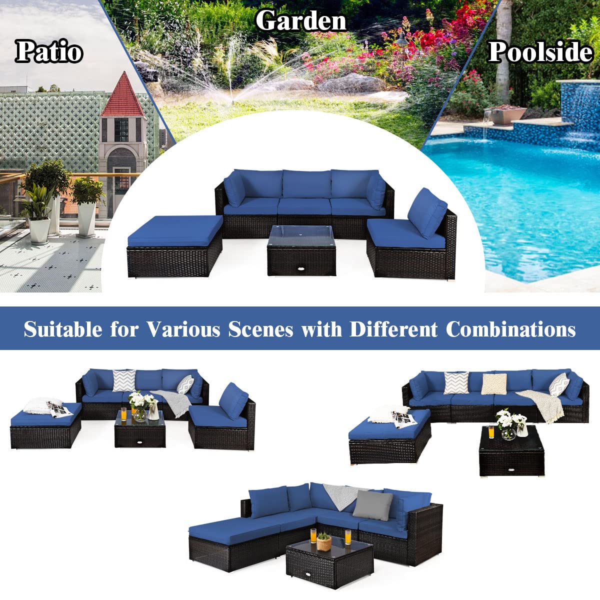 Tangkula 6-Piece Outdoor Patio Furniture Set - Durable Steel Frame PE Rattan Wicker Sectional Sofa with Coffee Table for Deck, Lawn, Backyard (Blue) | Perfect for Garden Parties, Poolside Lounging & Outdoor Entertaining