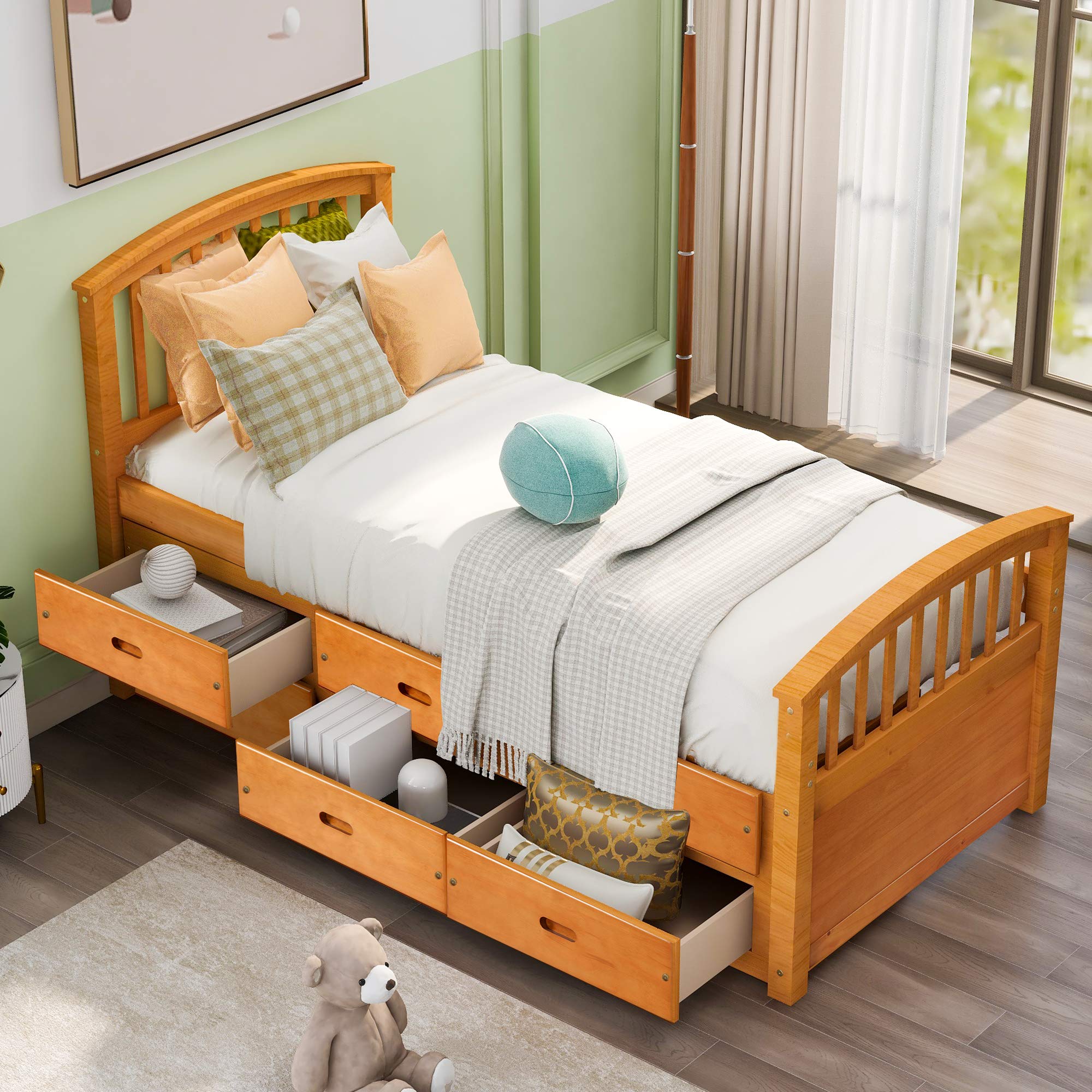 Twin Captains Bed with Storage Drawers - Wood Platform Bed for Kids & Adults - Easy Assembly Oak Finish - Perfect for Small Spaces & Guest Rooms