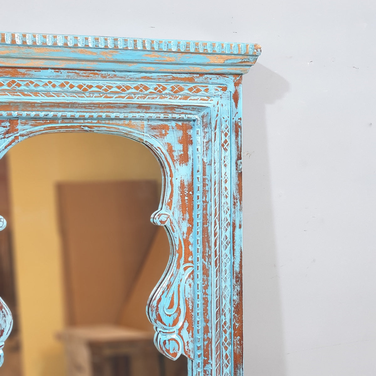Handmade Indian Wooden Mirror Frame - Rustic Blue Carved Design, 70x150 cm - Perfect for Boho Home Decor, Living Room & Bedroom Wall Art