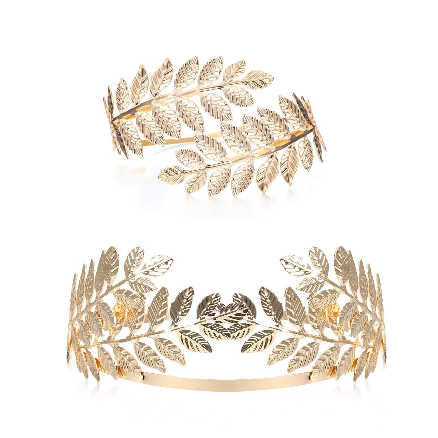 FINREZIO Greek Goddess Headband & Arm Cuff Jewelry Set - Roman Laurel Leaf Crown & Adjustable Armlet Bracelet - Perfect for Bridal, Cosplay, and Themed Parties