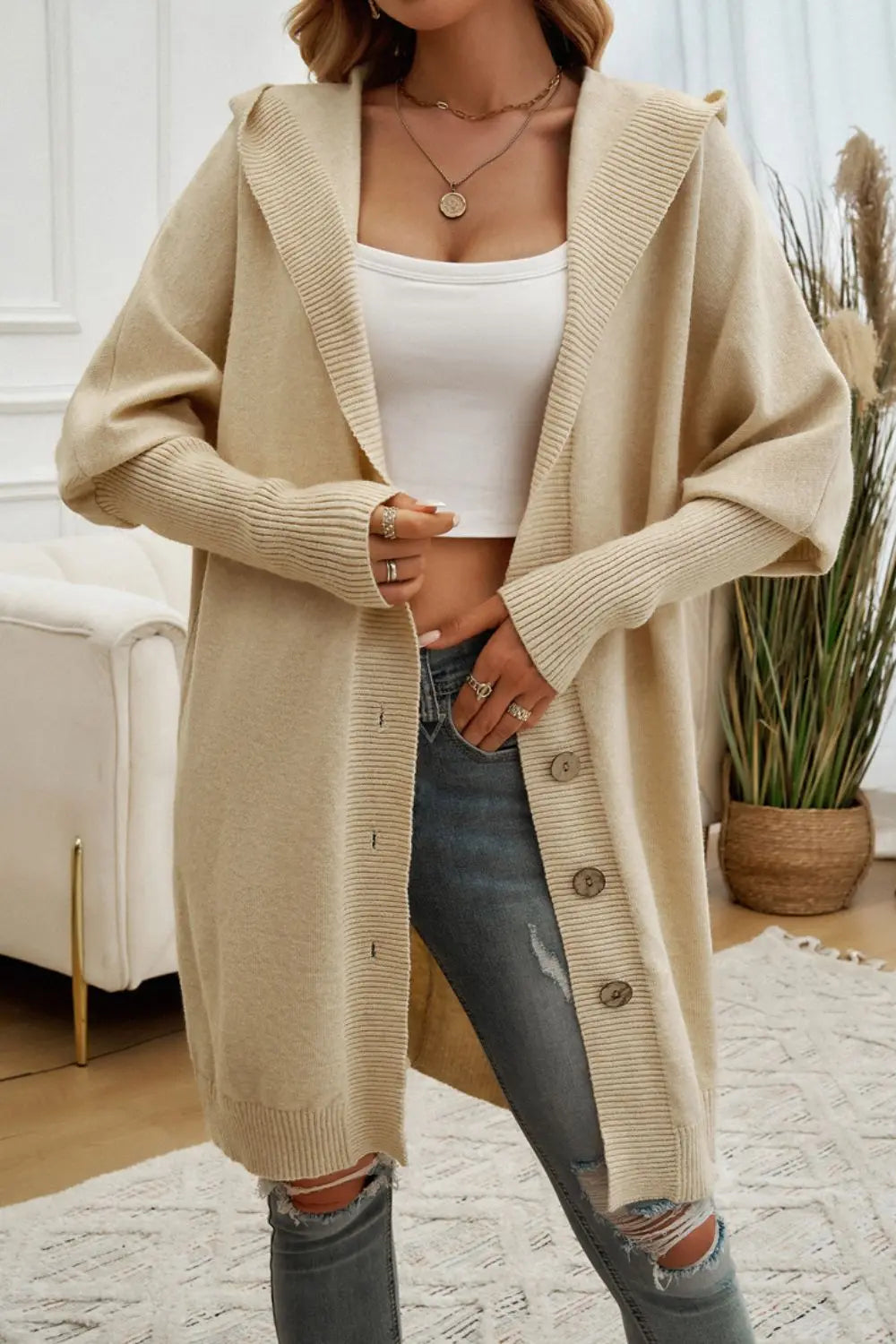 Women's Button Up Long Sleeve Hooded Cardigan Sweater - Cozy Fall & Winter Layering Piece for Casual Outfits and Office Wear