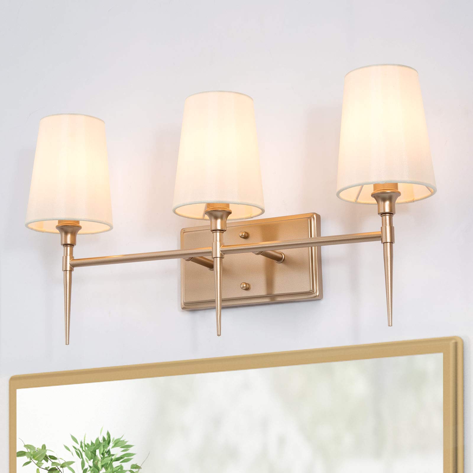 Classy Leaves 3-Light Gold Vanity Lights - Modern Bathroom Lighting Fixture with White Fabric Shade (23