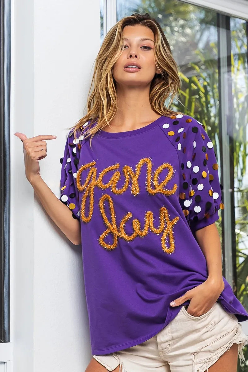 BiBi Game Day Metallic Letter Spangle Sleeve Top - Stylish Women's Party Blouse for Football Games, Concerts & Night Out