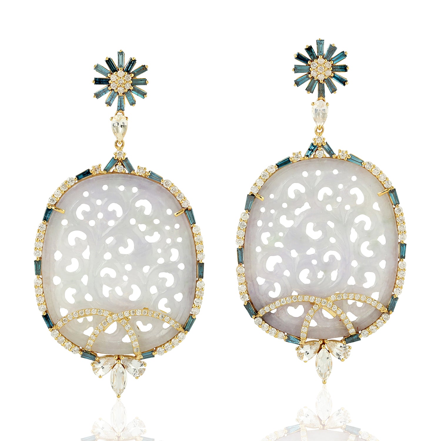 Exquisite Yellow Gold Earrings with Carved Jade, Blue Sapphire & Pave Diamonds – Perfect for Weddings, Parties & Special Occasions