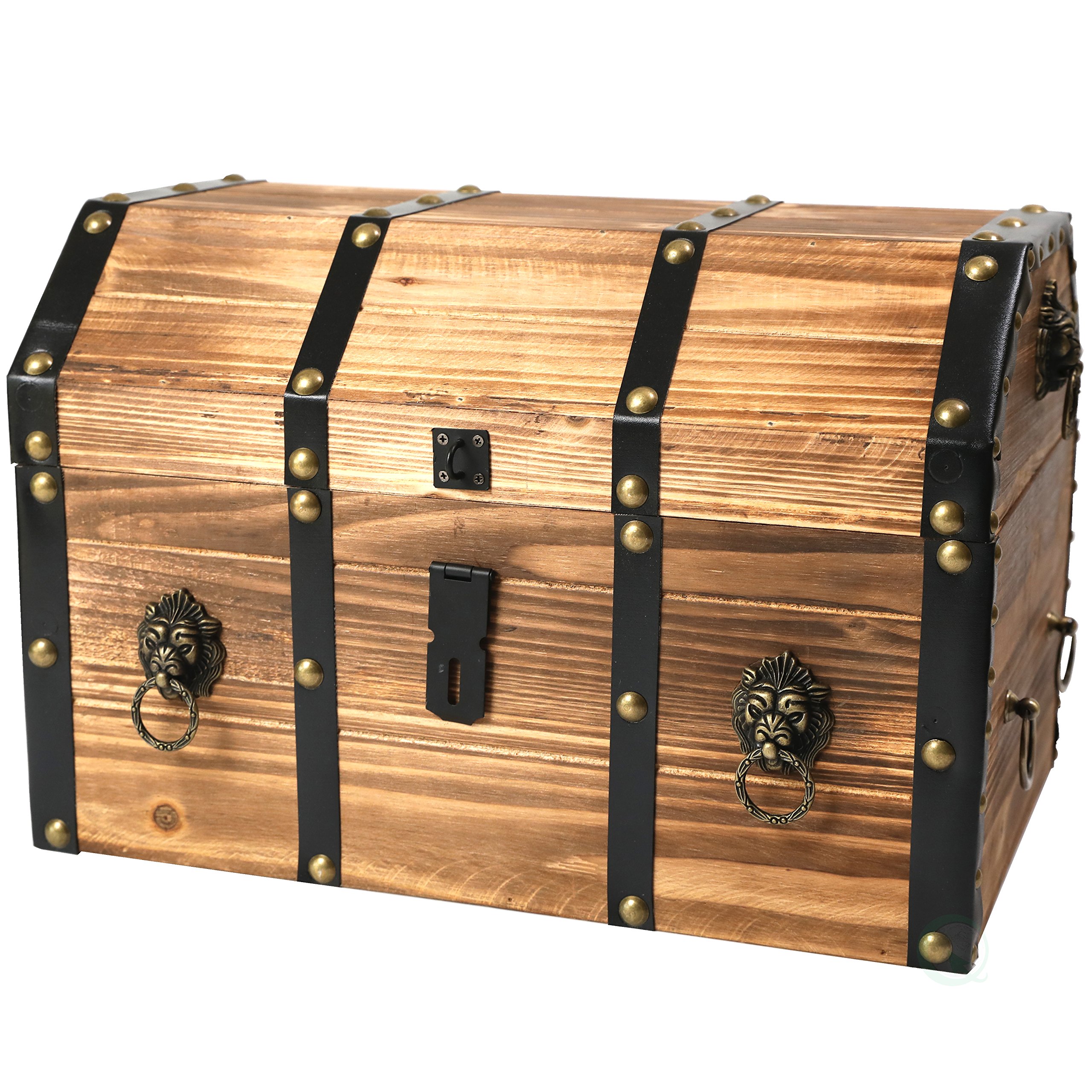 Vintage Large Wooden Pirate Treasure Chest with Lion Rings - Lockable Decorative Storage Trunk for Home Decor, Costume Props, and Themed Parties