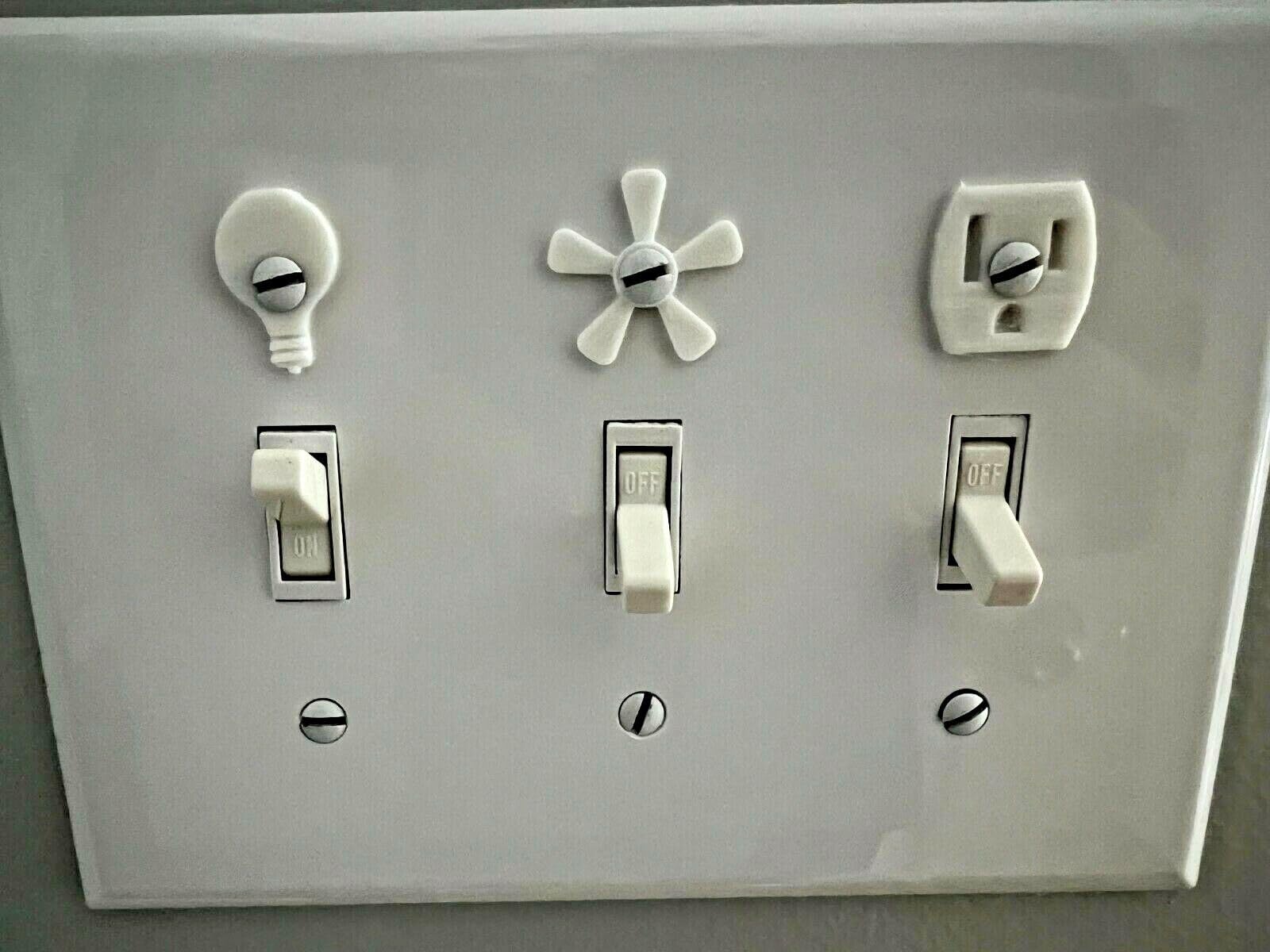 6 Pack Light Switch Decals - Durable Plastic Icon Labels for Home Decor, Outlet & Fan Switch Plates - Perfect for Bedroom, Kitchen & Office Organization