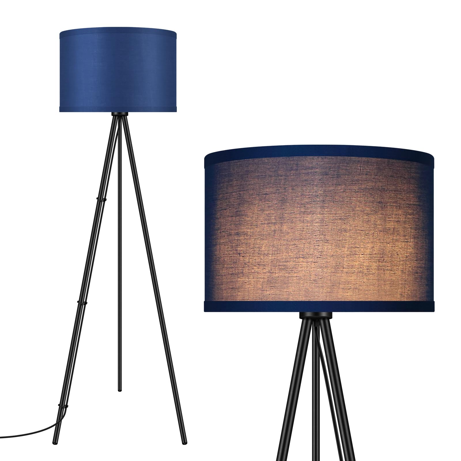 BoostArea Mid Century Tripod Floor Lamp with Blue Linen Shade - Modern Standing Light for Living Room, Bedroom, Office & Study - Perfect for Reading Nook, Cozy Corner & Home Decor (Bulb Not Included)