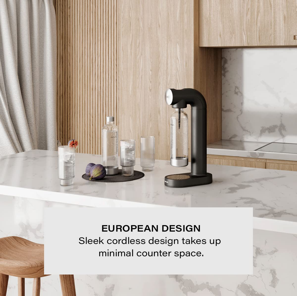 Premium Sparkling Water Maker Machine - Cordless Soda Carbonator with BPA-Free 1L Bottle & Metal Accents | Stylish European Design, Works with 60L CO2 Cartridges | Perfect for Home, Office, and Parties