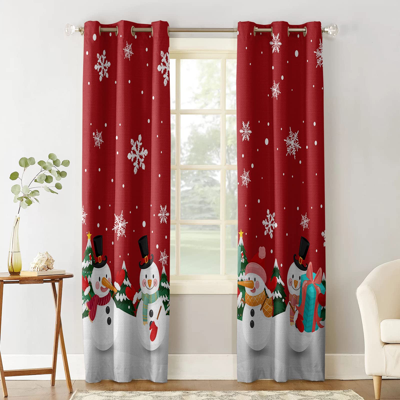 Blackout Curtains for Bedroom & Living Room - Thermal Insulated Room Darkening Grommet Window Panels with Christmas Snowflake & Snowman Design (Set of 2) - Perfect for Holiday Decor, Light Blocking & Energy Savings