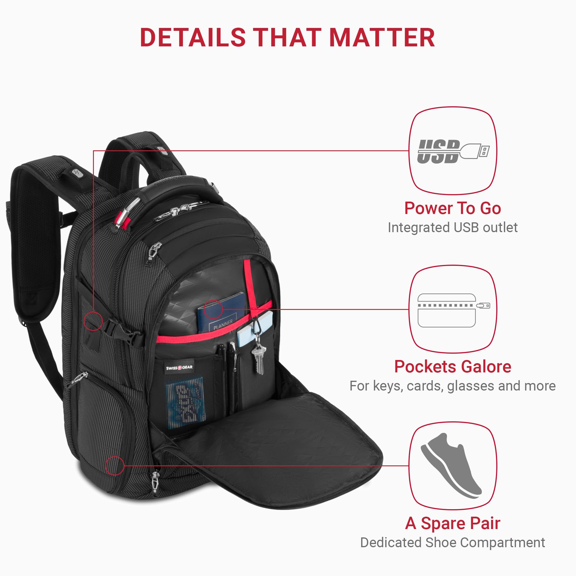 SwissGear Travel Tech Elite Large Laptop Backpack with USB Charging Port - Perfect for Business Travel, College & Commuting - Durable Black Dot Design (17 Inch)