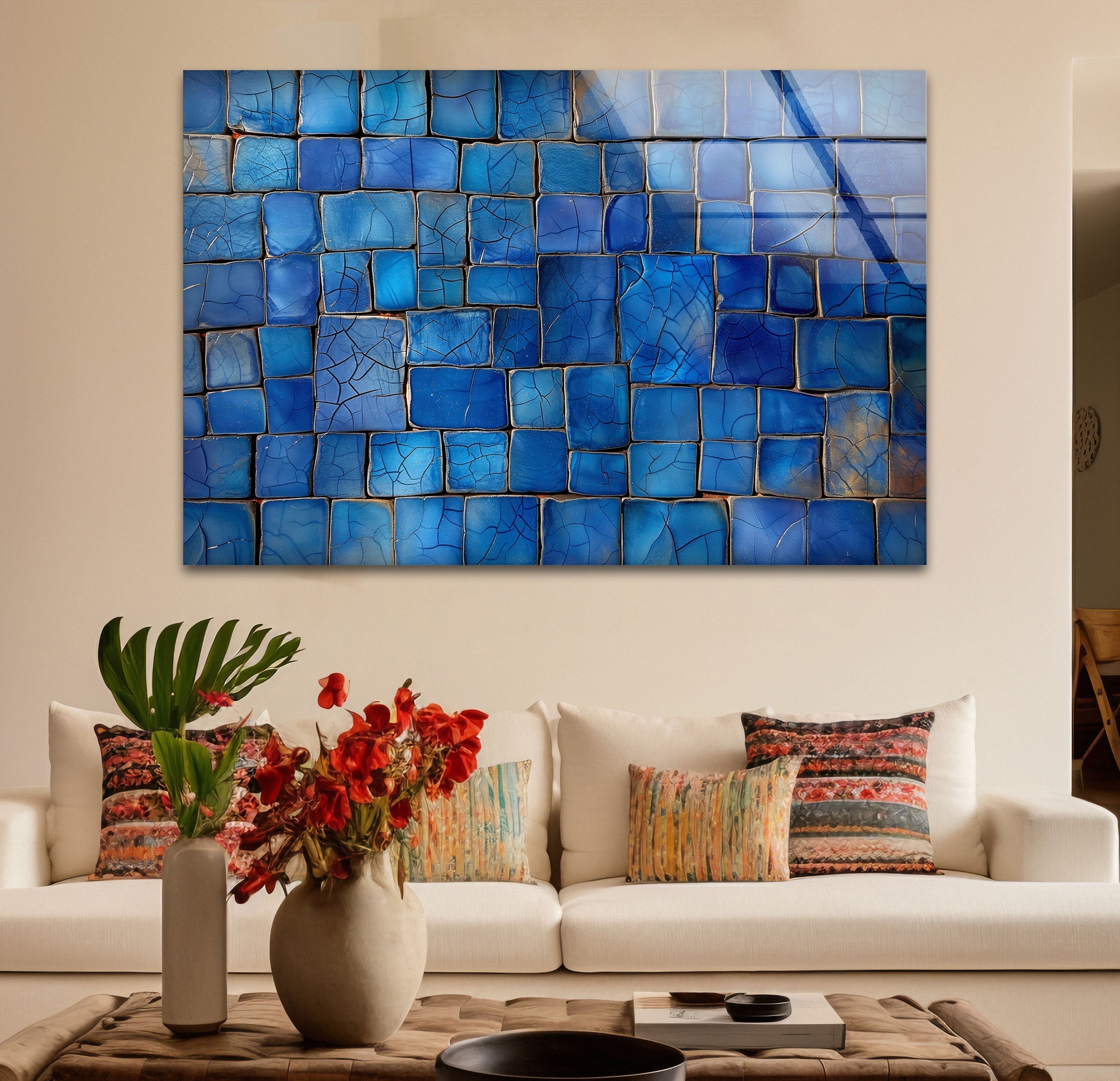 Blue Mosaic Cracked Stones Glass Wall Art - Handmade Decorative Panel for Living Room, Bedroom & Office - Perfect for Home Decor & Interior Design