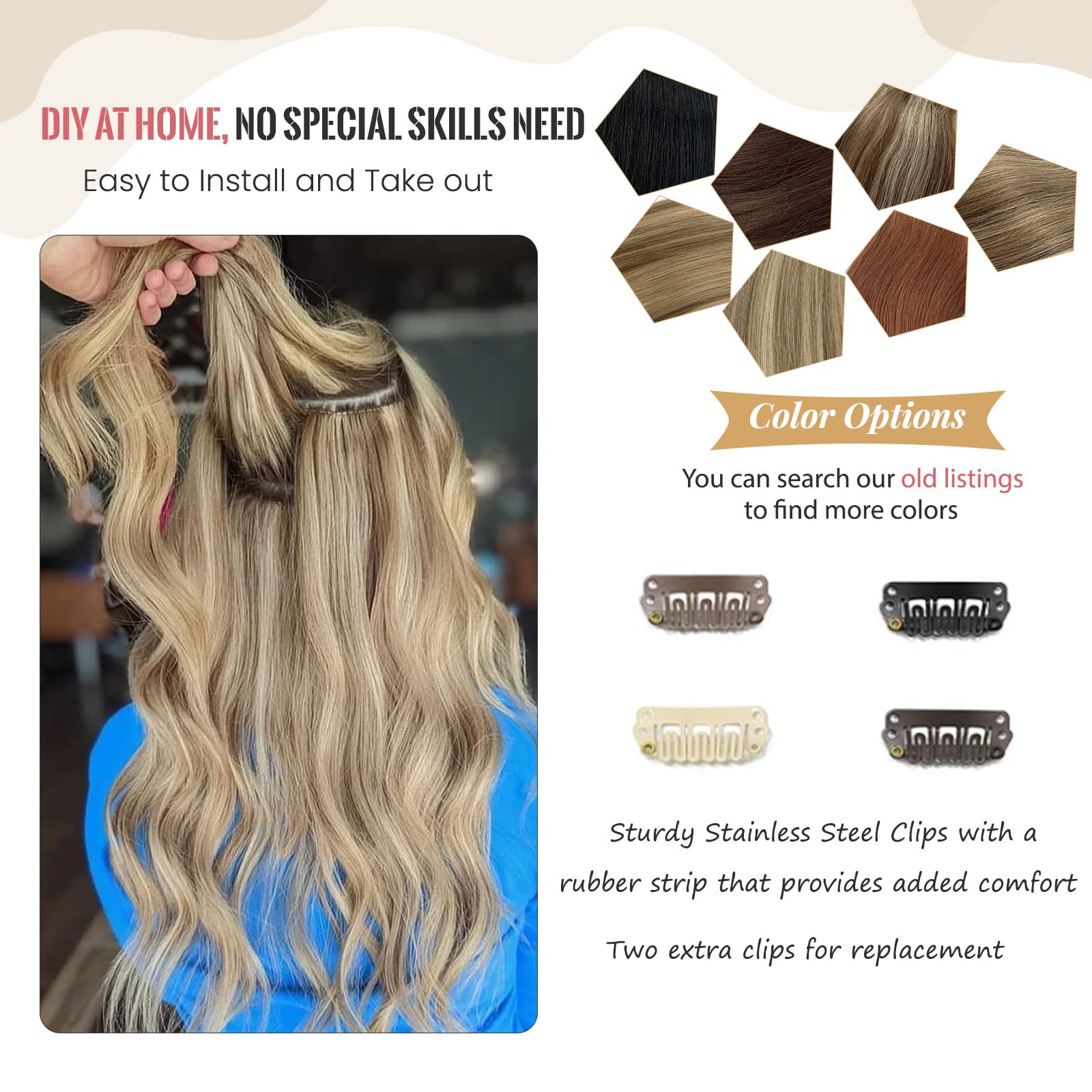 Remy Clip-in Human Hair Extensions 22 Inch - Medium Brown Mix with Bleach Blonde Highlights, 70g 7pcs Double Weft Straight Hair Extensions for Volume & Length | Perfect for Parties, Weddings & Daily Styling