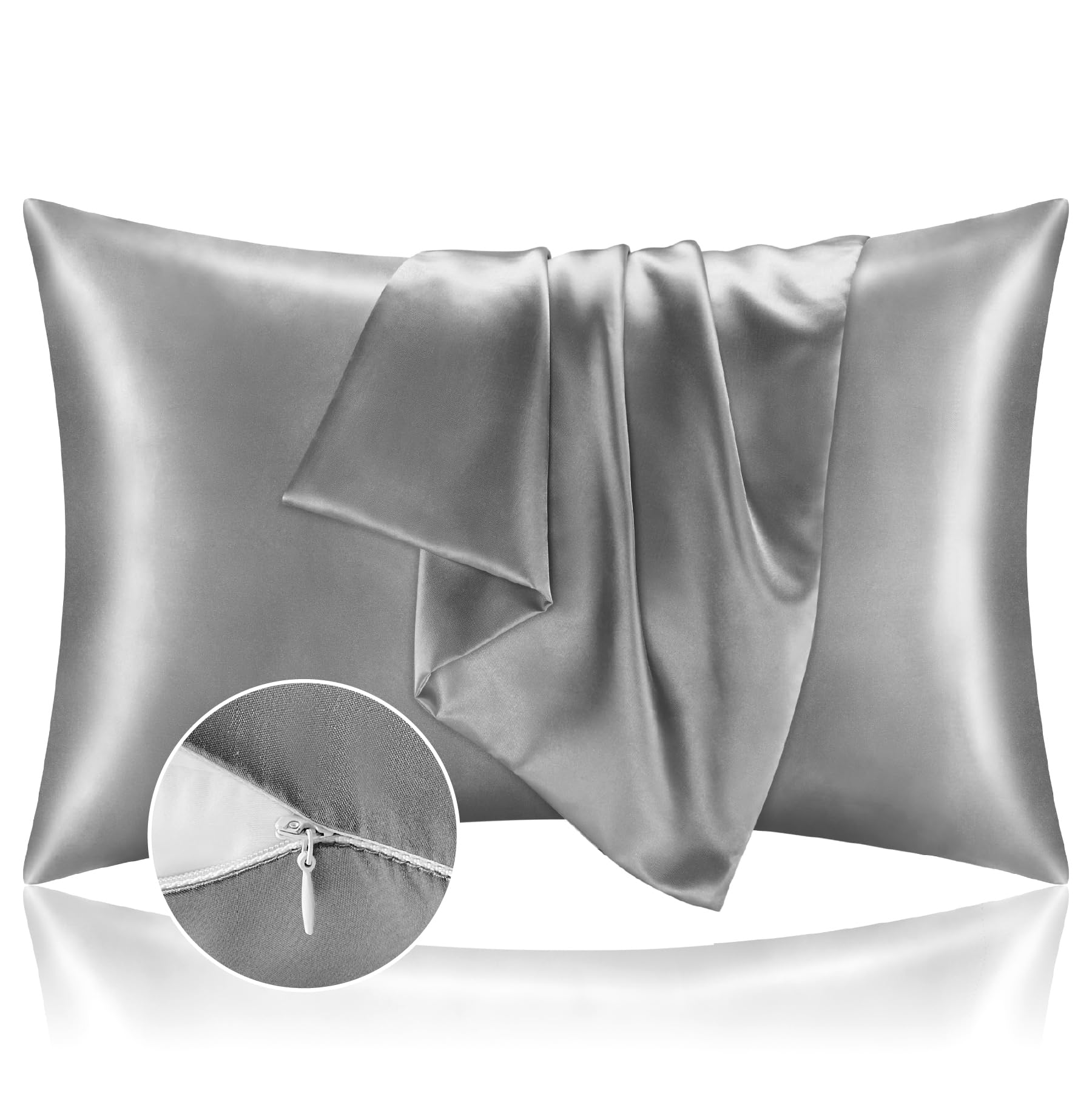 BEDELITE 2 Pack Satin Pillowcase with Zipper - Standard Size 20x26 Inches, Super Soft & Cooling Silk-like Pillow Cover for Women & Men | Perfect for Hair Care, Skin Protection & Better Sleep (Grey)