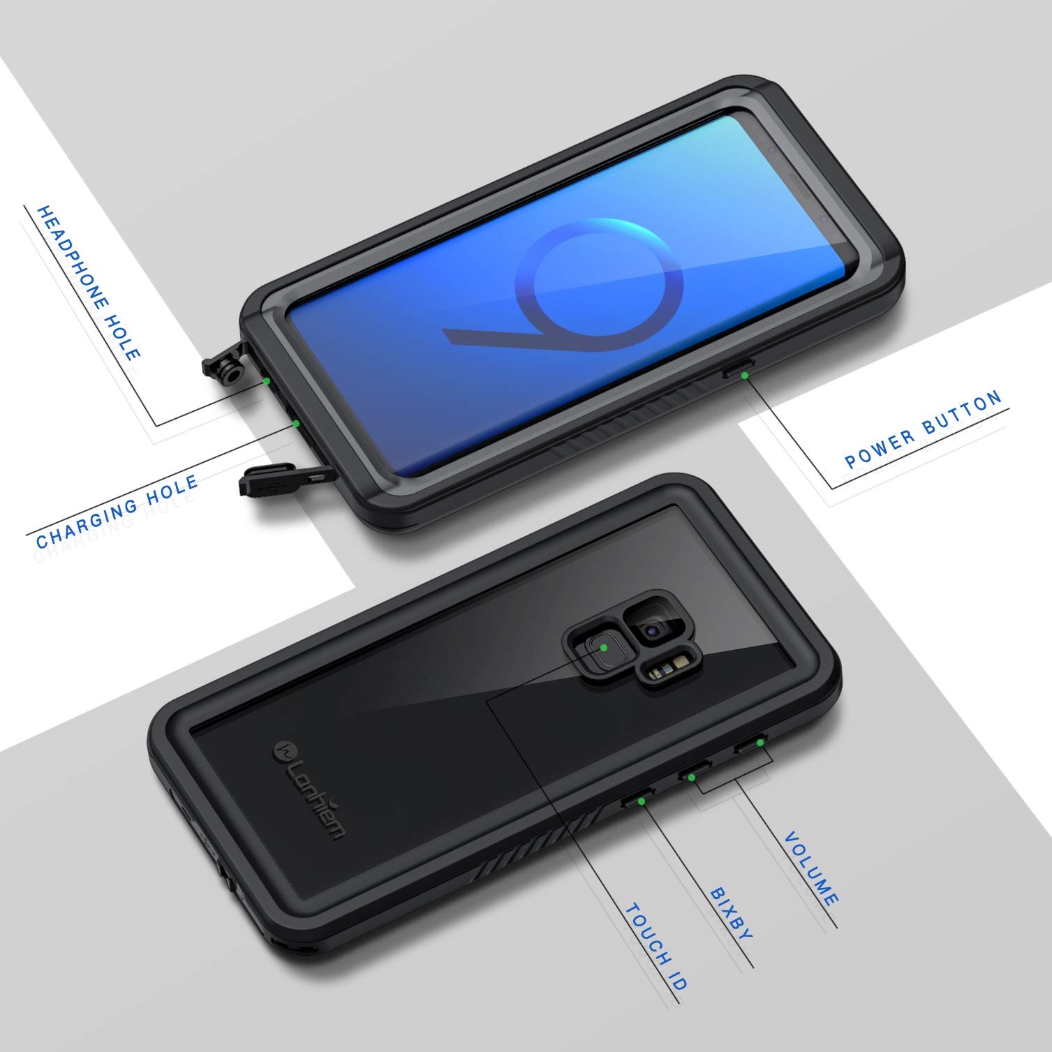 **Lanhiem Rugged IP68 Waterproof Case for Samsung Galaxy S9 – Shockproof, Dustproof with Built-in Screen Protector – Full Body Protection (Black/Gray) – Ideal for Outdoor, Work & Extreme Activities**