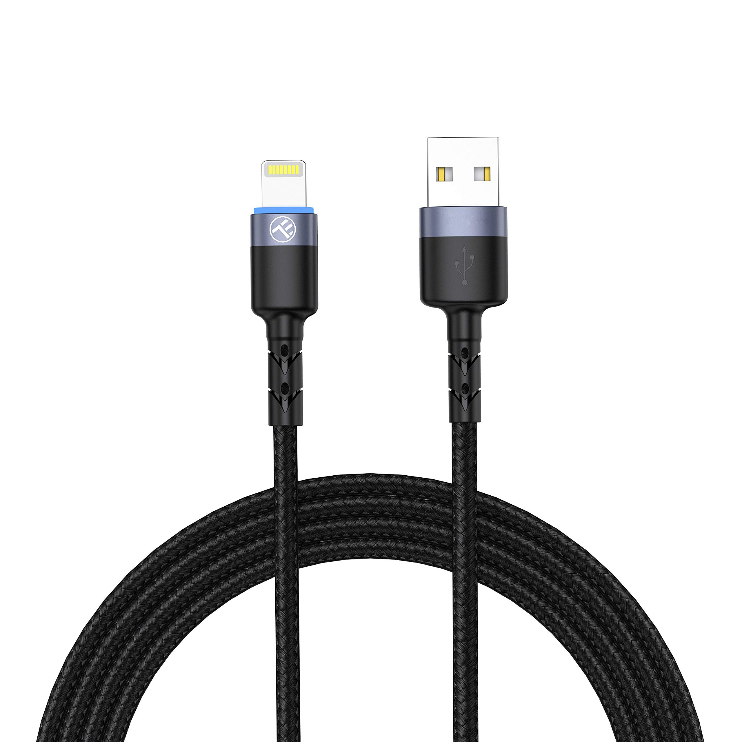 Premium TELLUR Nylon Braided USB to Lightning Cable with LED Indicator - 2M Fast Charging & Sync Cord for iPhone (Black) - Perfect for Home, Office & Travel Charging