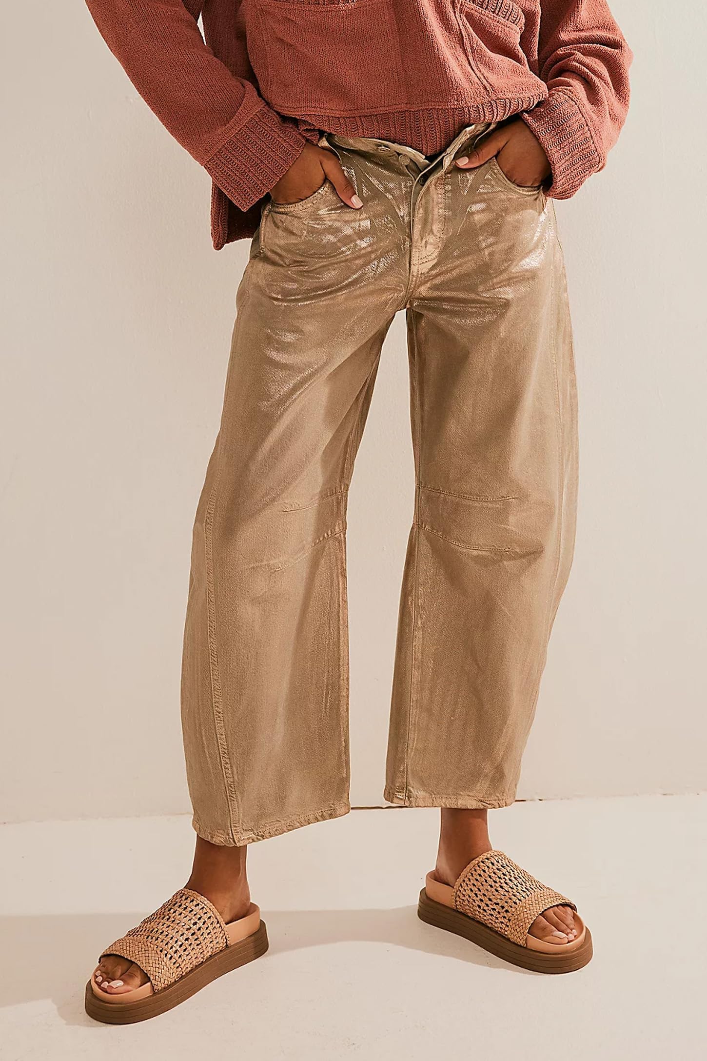 Kedera Women's Shiny Metallic Barrel Jeans - Straight Wide Leg Glitter Denim Pants - Y2K Disco Horseshoe Trousers for Party, Club & Retro Fashion Outfits