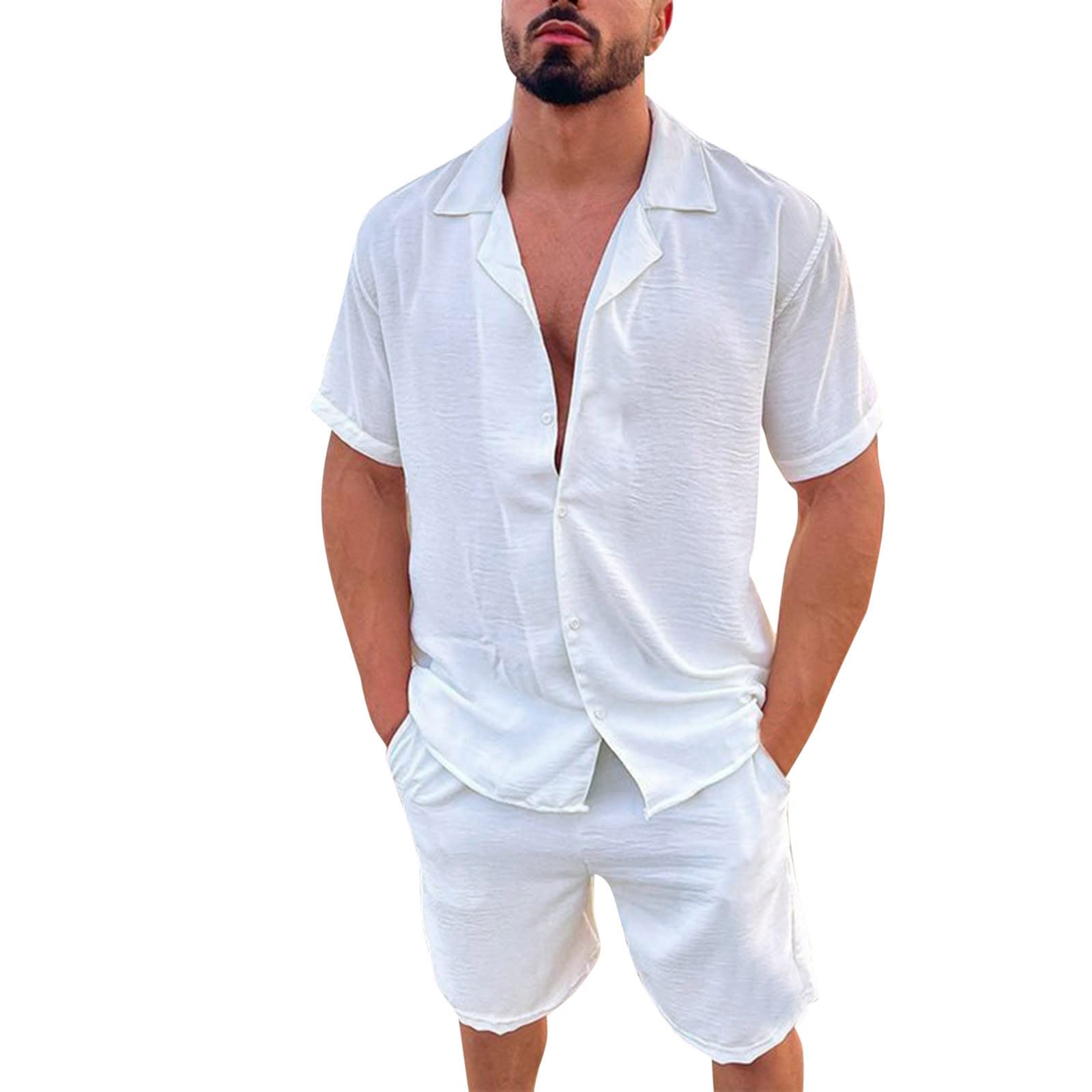 Men's 2-Piece Summer Outfit - Short Sleeve Shirt & Shorts Set with Pockets | Beachwear, Casual Wear, Vacation Outfit | White Solid Color Matching Set