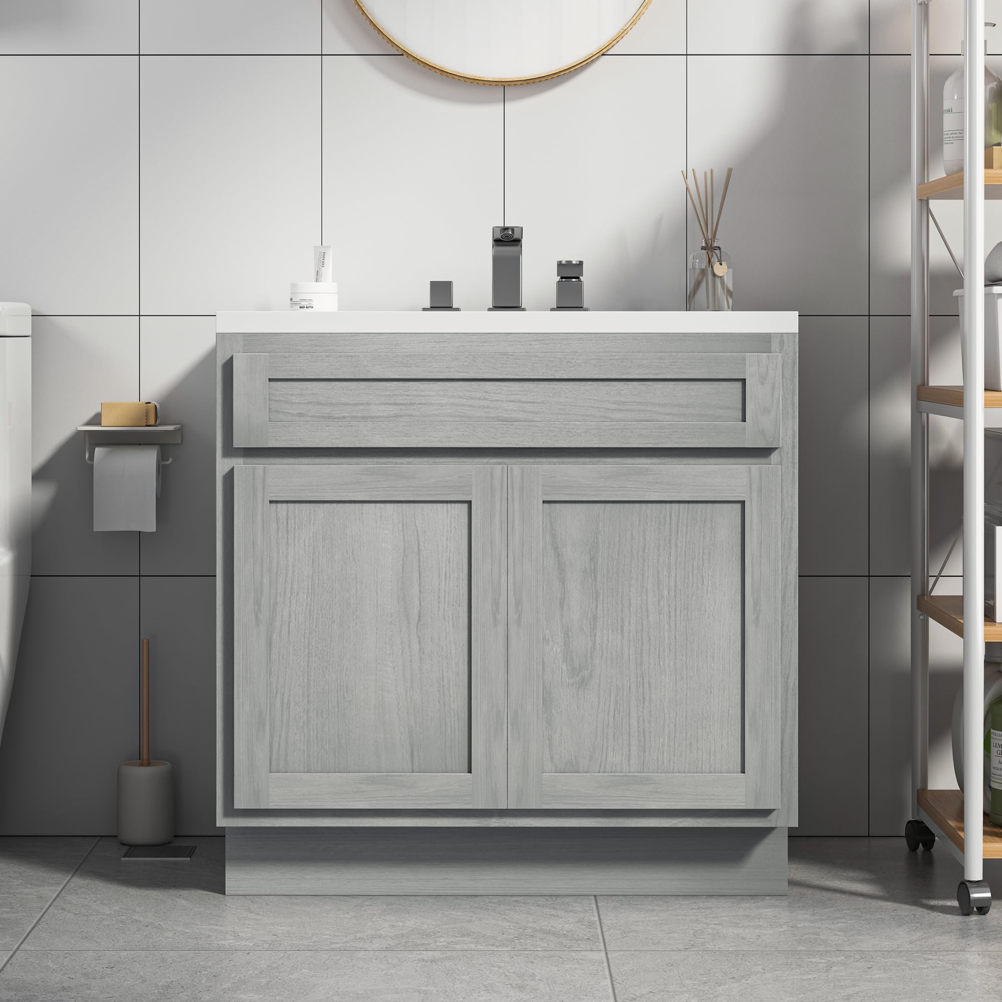 Vanity Art 36 Inch Double Shutter Door Bathroom Vanity Base Cabinet with Soft Closing Shaker Drawer - Sturdy Floor Mount Storage Organizer for Bathroom, Bedroom, Living Room & Kitchen (VA4036-S) - Perfect for Small Space Organization & Home Décor