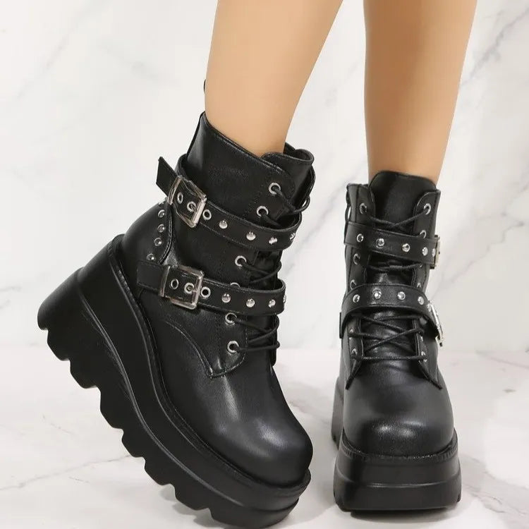 Trendy Thick Sole Short Boots with Belt Buckle - Punk Rock Ankle Boots for Women | Black Martin Boots for Casual Outfits, Concerts & Night Out