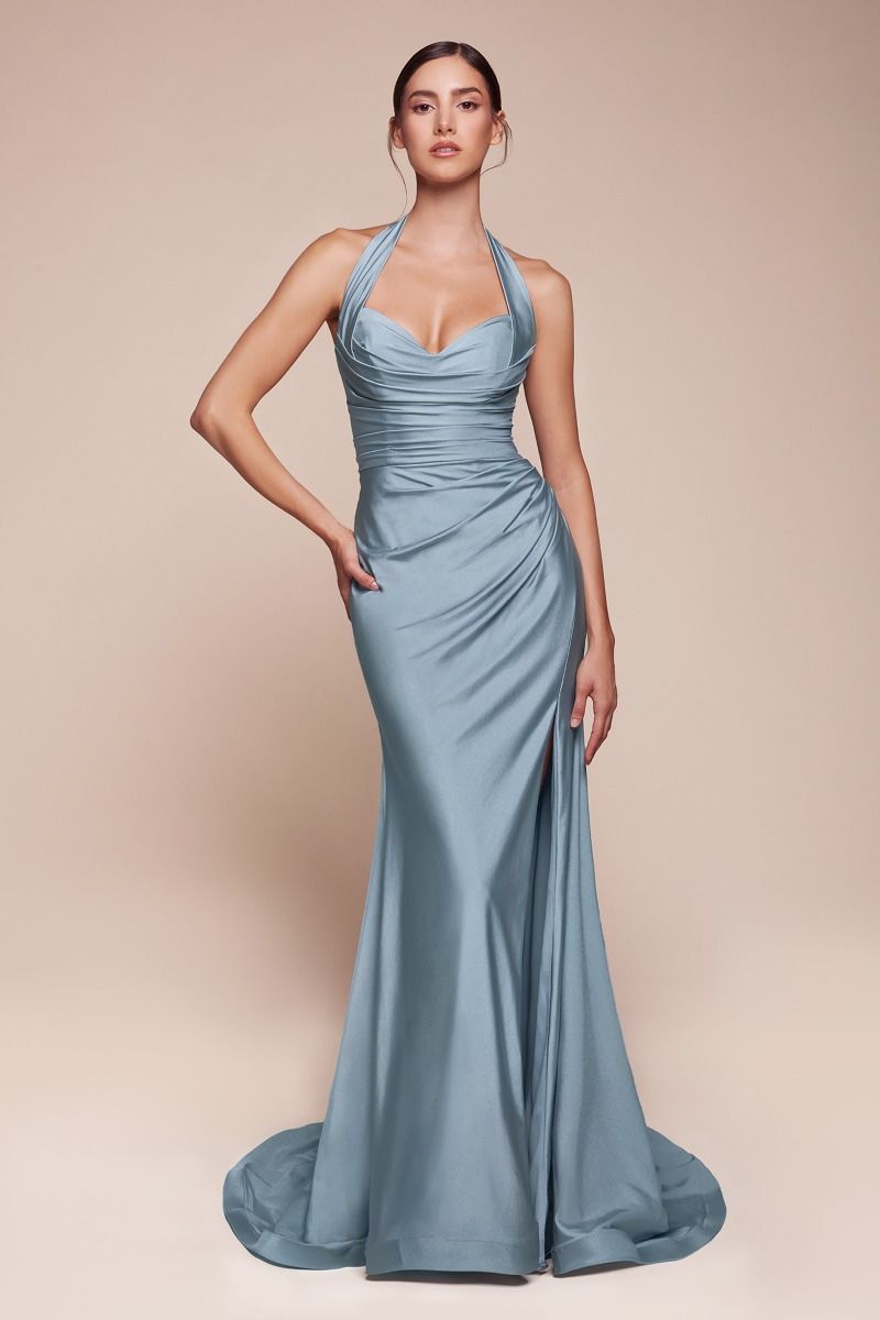 Elegant Dusty Blue Stretch Spandex Satin Halter Fitted Dress for Women | Perfect for Autumn Weddings, Parties & Special Occasions