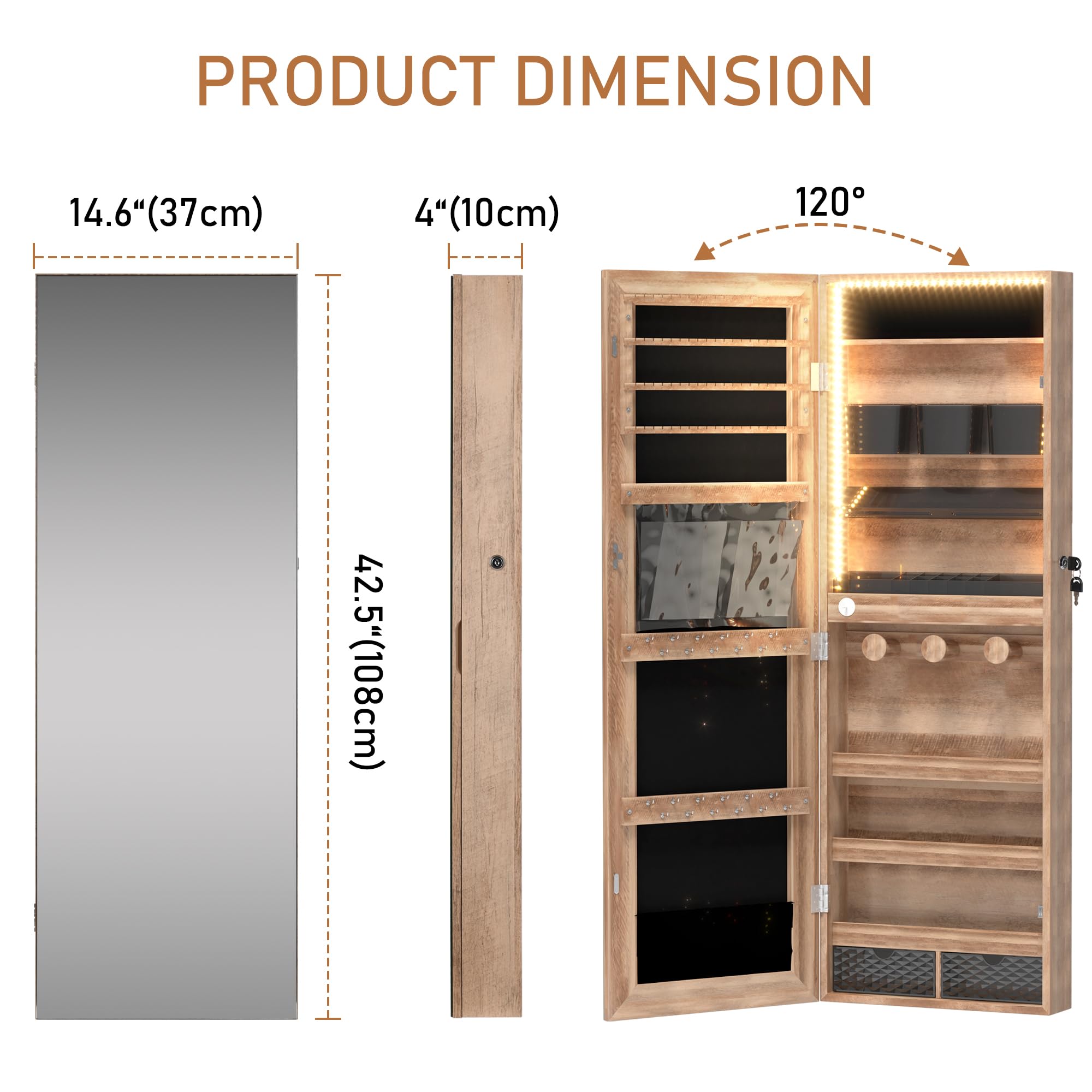 LVSOMT Lockable Jewelry Armoire Organizer with LED Lights - Wall Mounted Mirror Jewelry Cabinet with Storage, Brown - Perfect for Bedroom, Closet & Dressing Room Organization