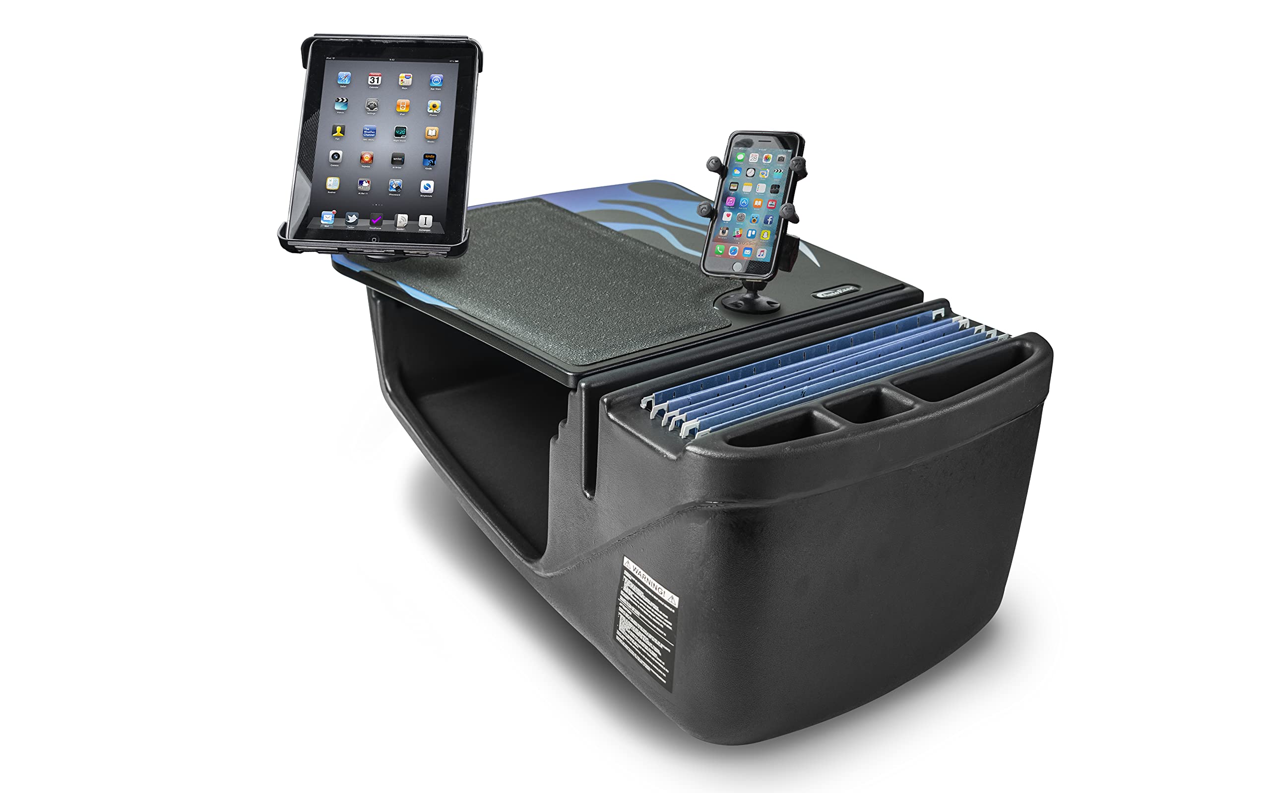 AutoExec AUE06900 Efficiency GripMaster Car Desk with Phone & Tablet Holder - Blue Steel Flames Design - Perfect for Work, Study & Entertainment on the Go
