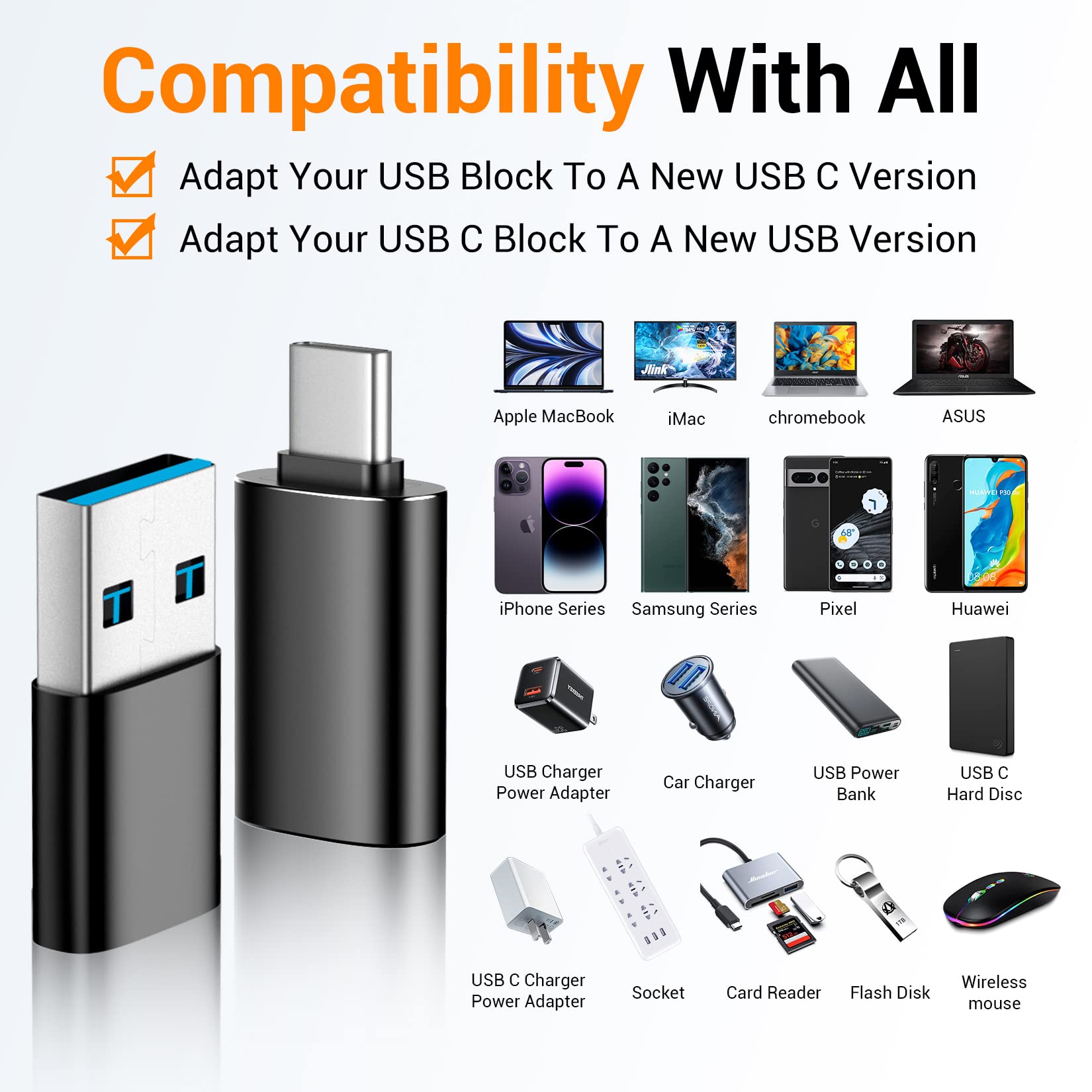 Temdan USB to USB C Adapter 2 Pack - Type C Female to A Male & USB C Male to USB Female Converter - Compatible with iPhone 15 Pro Max 14 13 12, Apple Watch Ultra 8 9, AirPods - OTG Charging Adapter for Fast Data Transfer & Device Charging - Perfect for Travel, Office & Home Use - Black