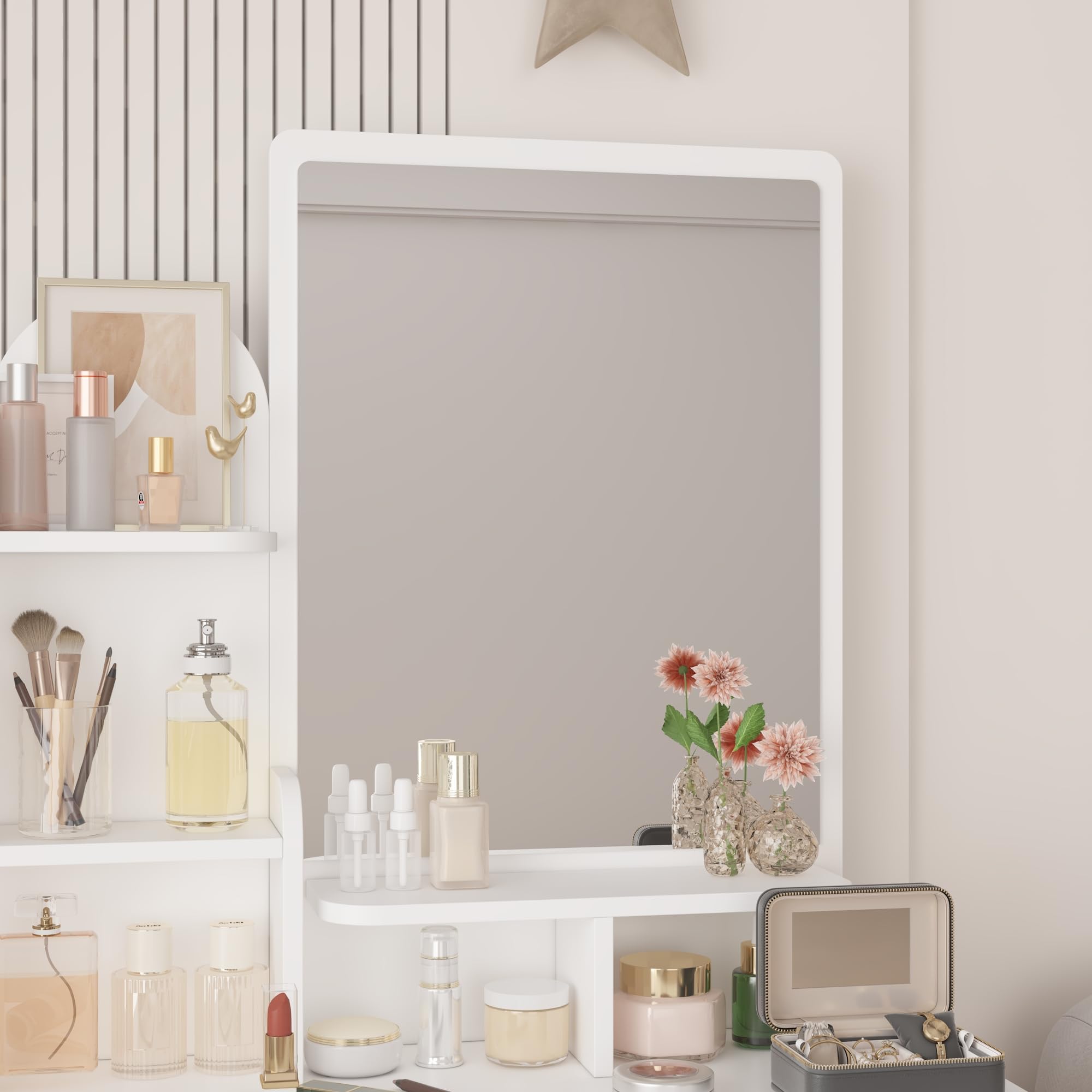 AIEGLE White Vanity Desk Set with Rectangular Mirror - Makeup Dressing Table with Shelves & Cushioned Stool, Perfect for Bedroom, Bathroom or Dressing Room Organization