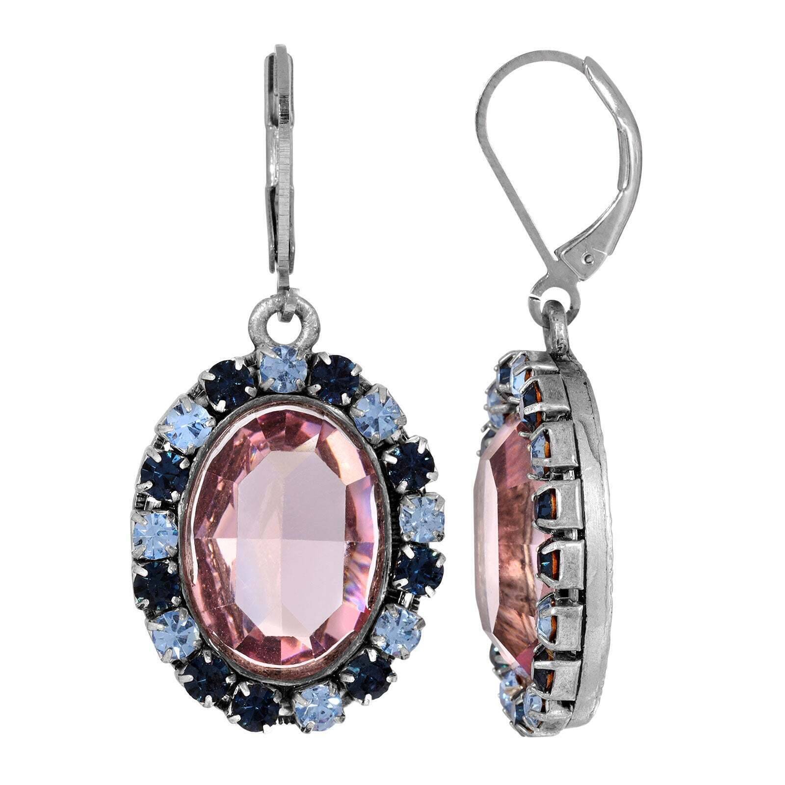 1928 Jewelry Anastasia Blue Rimmed Pink Oval Stone Drop Earrings - Vintage Inspired Dangle Earrings for Women - Perfect for Parties, Weddings & Special Occasions