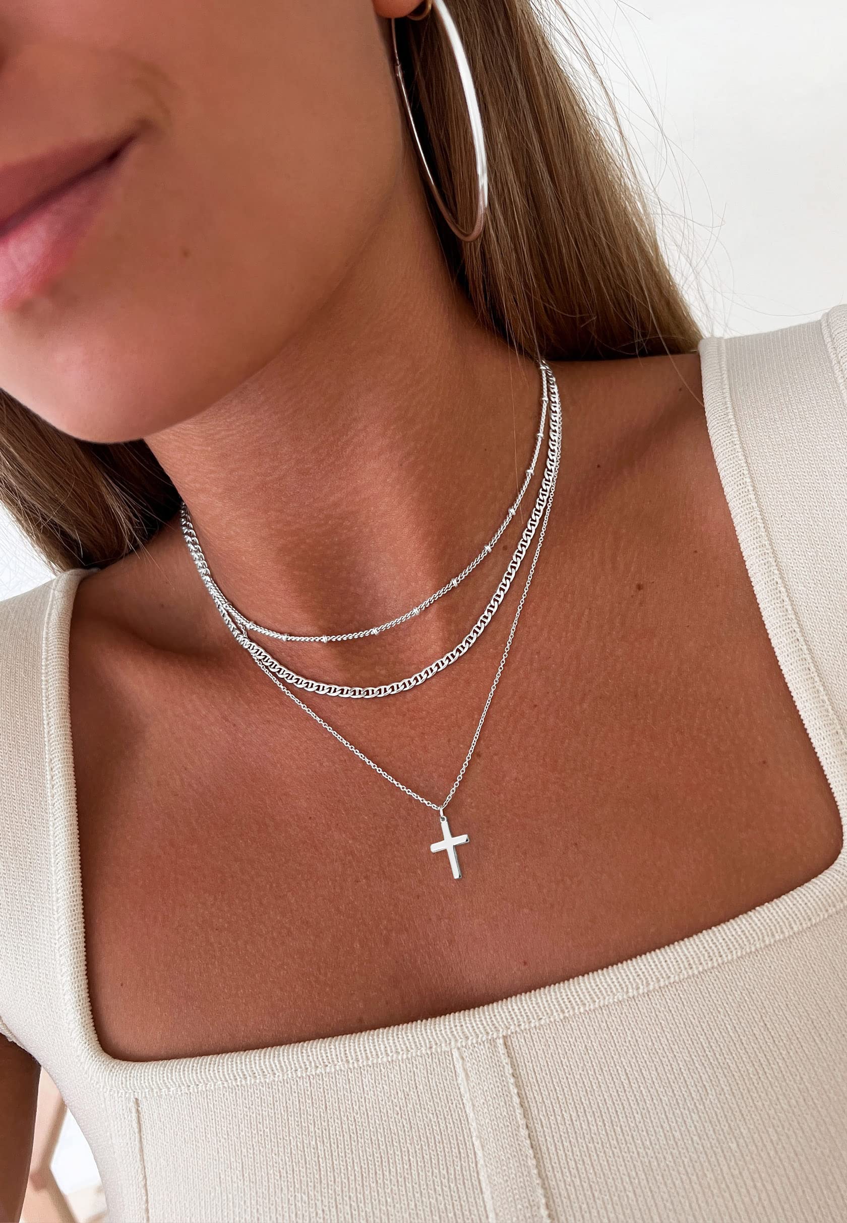 DEARMAY Dainty 14K Gold Filled Cross Necklace for Women - Thin Layered Small Cross Pendant Choker with Silver Chain - Minimalist Aesthetic Jewelry Gift for Her - Perfect for Everyday Wear, Church, Weddings & Special Occasions