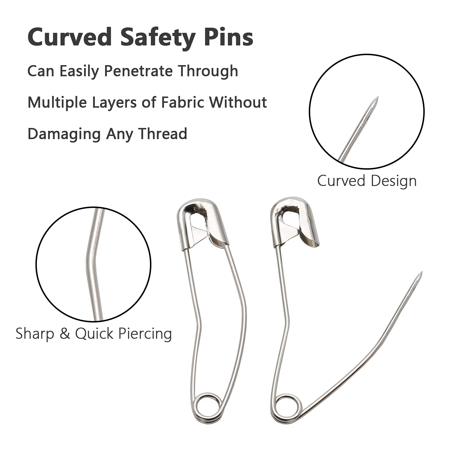 100Pcs Curved Safety Pins Size 3, 2 Inch / 50mm Quilting Basting Pins - Bent Safety Pins for Quilting, Sewing, Knitting and Crafting (Silver) - Perfect for Fabric Basting, Quilt Layers, DIY Projects and Clothing Repairs