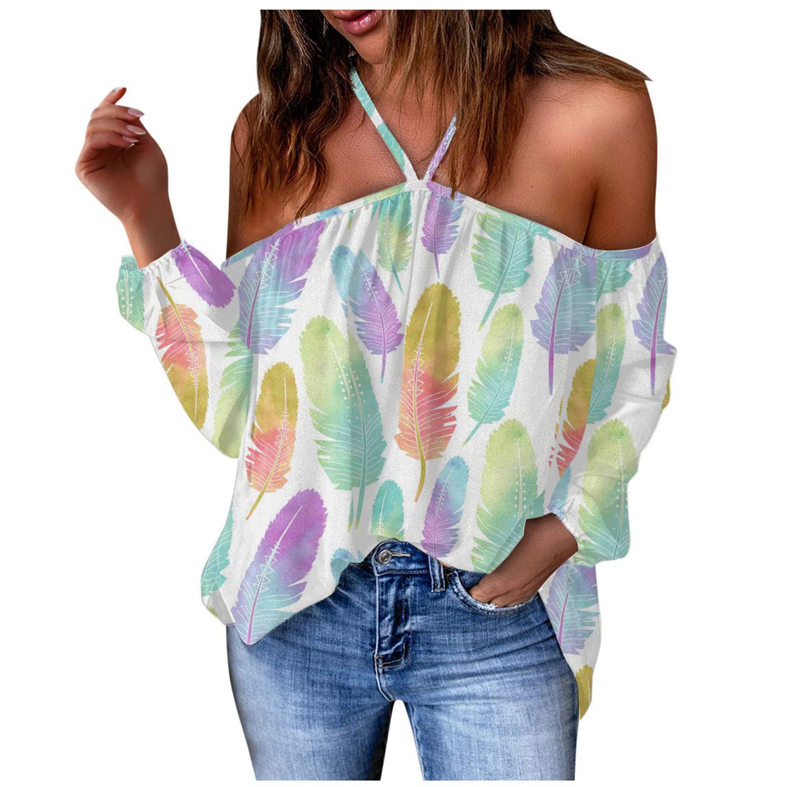 Sexy Women's Summer Tops - Halter Neck Off Shoulder Long Sleeve Boho Print Tunic Tee | Casual Trendy Blouse for Beach, Party & Vacation Outfits