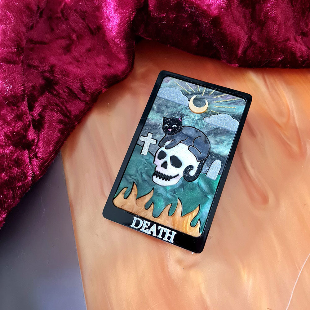 Death Cat Tarot Brooch - Gothic Cat Pin for Jackets & Bags - Unique Cherryloco Jewelry for Tarot Lovers & Witchy Fashion