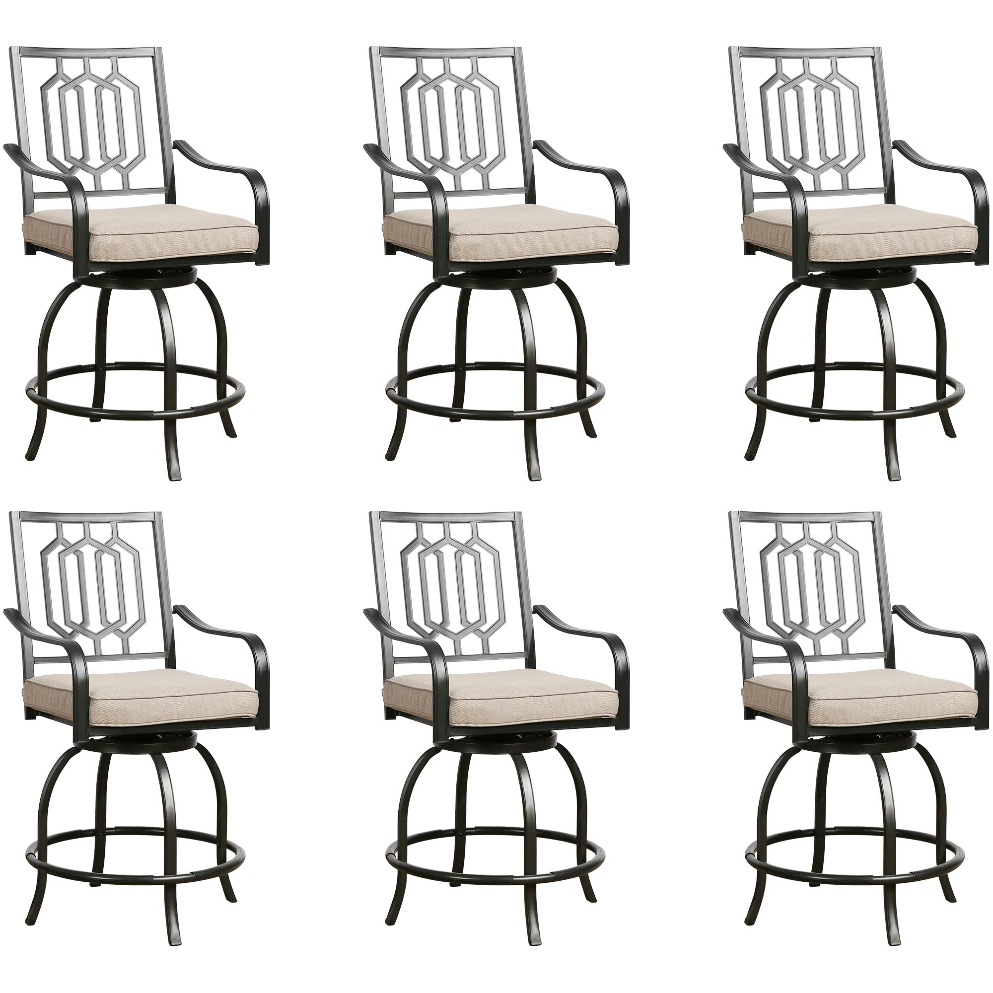 Outdoor Bar Stools - Swivel Metal Counter Height Chairs with All-Weather Cushions, Beige (Set of 6) - Perfect for Patio, Deck, Backyard & Poolside Dining