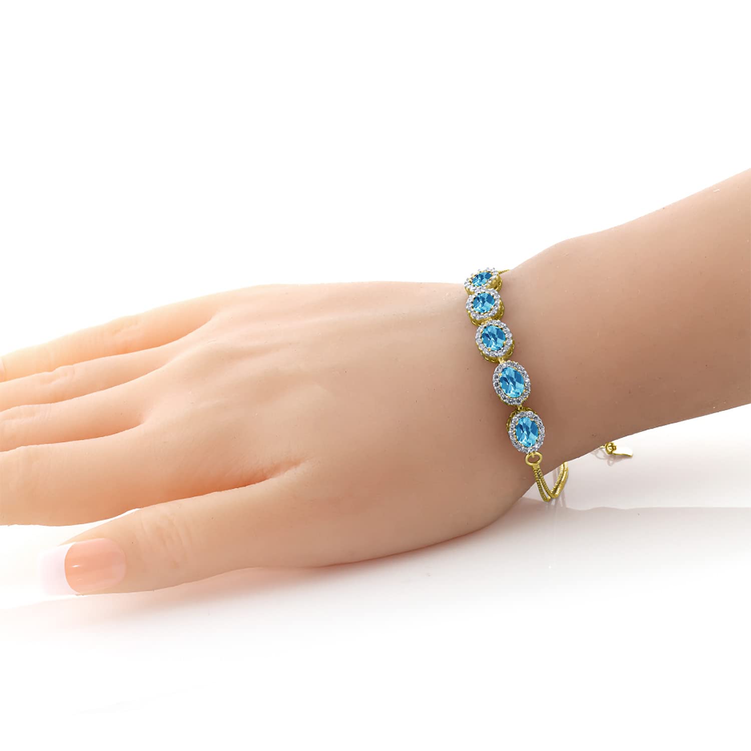 Gem Stone King 7X5MM Oval Cut Gemstone Birthstone Tennis Bracelet for Women - 18K Yellow Gold Plated Sterling Silver | 7 Inch Adjustable Chain with 1.5 Inch Extender | Elegant Fine Jewelry Gift for Mom, Wife, Anniversary, Birthday | Perfect for Weddings, Parties & Special Occasions