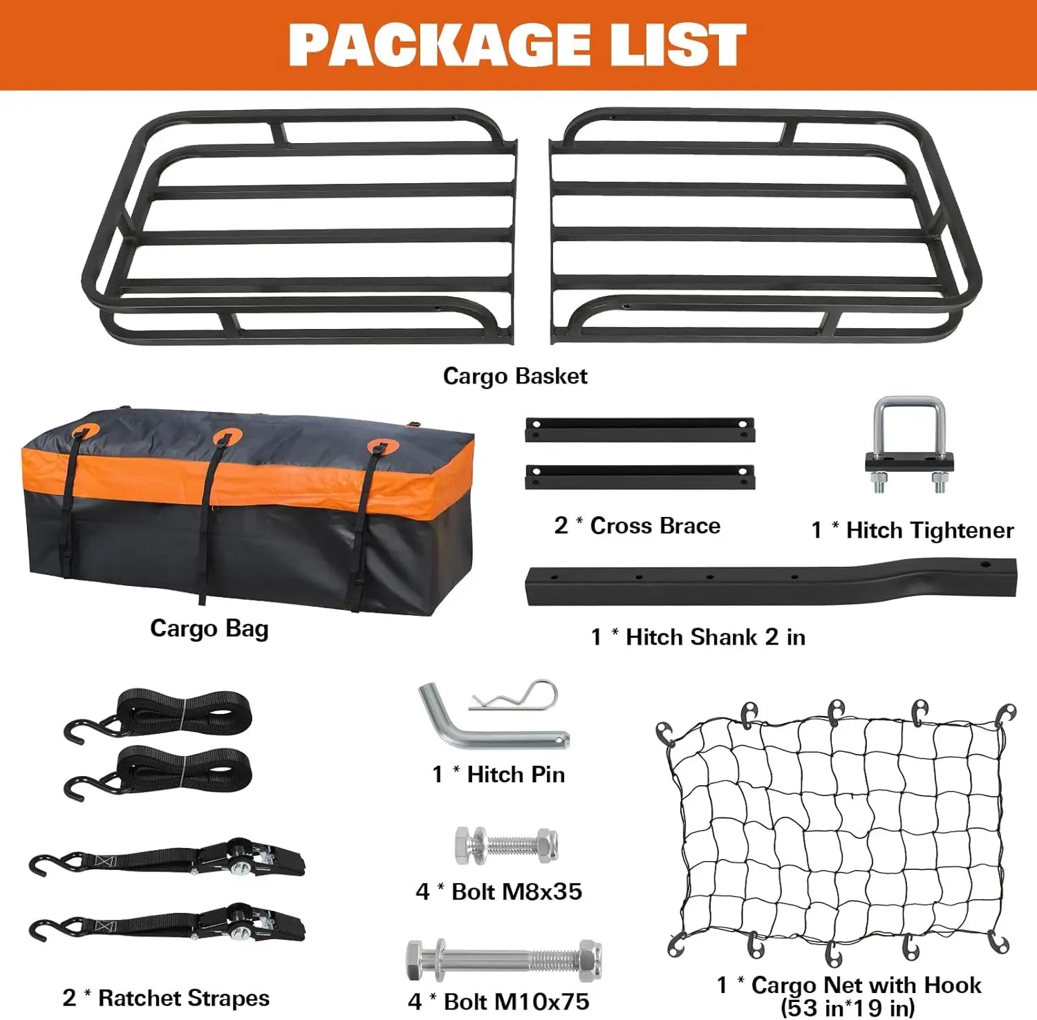 WEIZE 53x19 Inches Heavy Duty Hitch Cargo Carrier for SUV & Truck - 500LB Capacity with Waterproof Bag, Cargo Net, Tie Down Straps & Tightener - Powder Coated Steel for Durability - Easy Installation for Camping, Road Trips & Outdoor Adventures