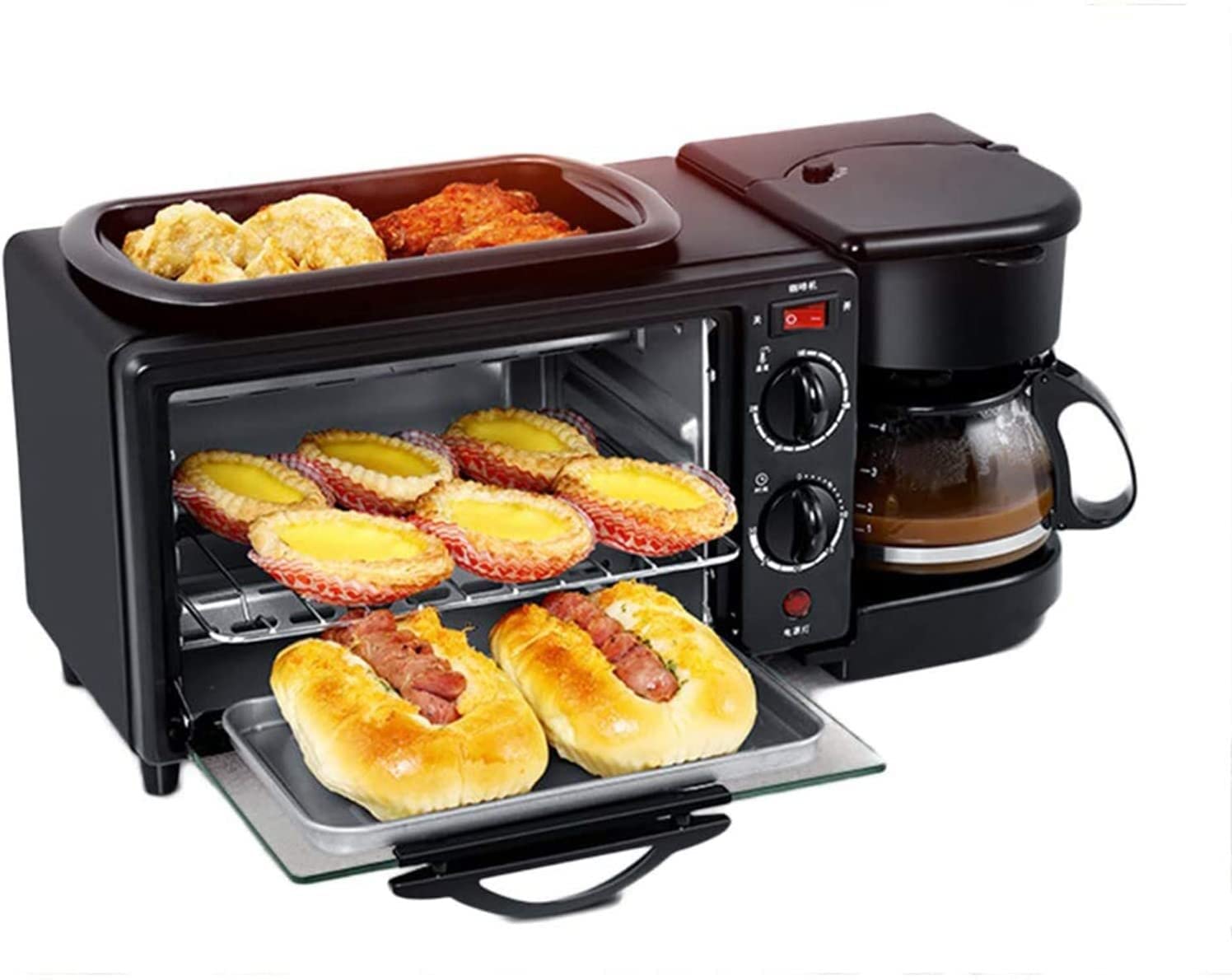 3 in 1 Breakfast Machine - Mini Oven, Electric Sandwich Maker & Stainless Steel Toaster with Griddle - Perfect for Coffee, Sandwiches, Cakes & Quick Breakfasts - Ideal for Home, Office & Dorm Use (Black)