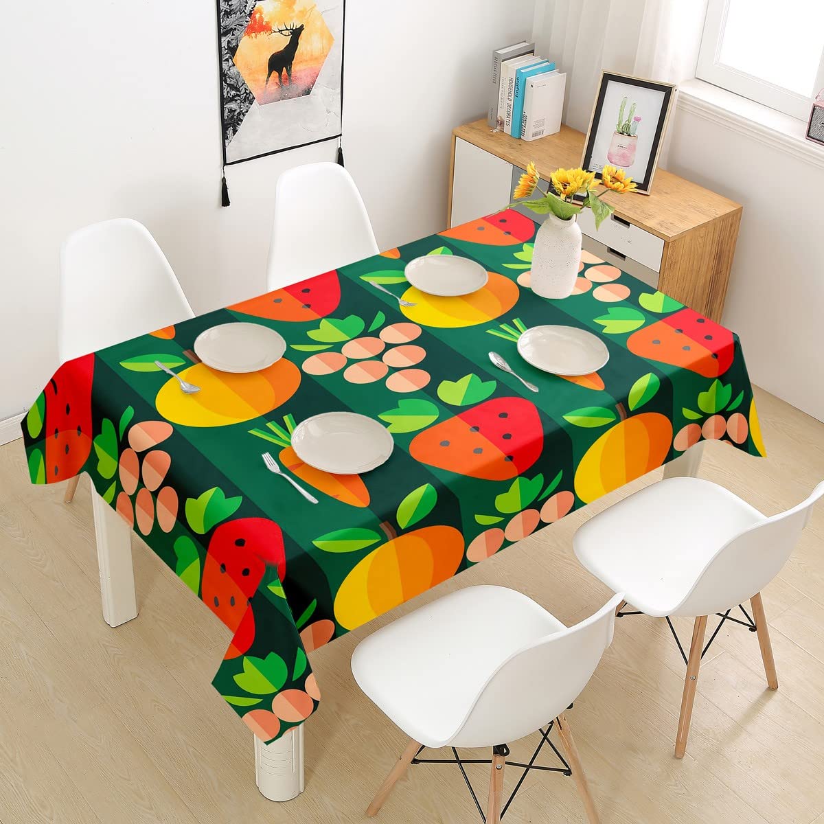 Waterproof Cartoon Carrot & Strawberry Tablecloth for Square Tables - 55x55 Inch Kitchen Dining Room Decor, Perfect for Picnics, Parties, and Everyday Use