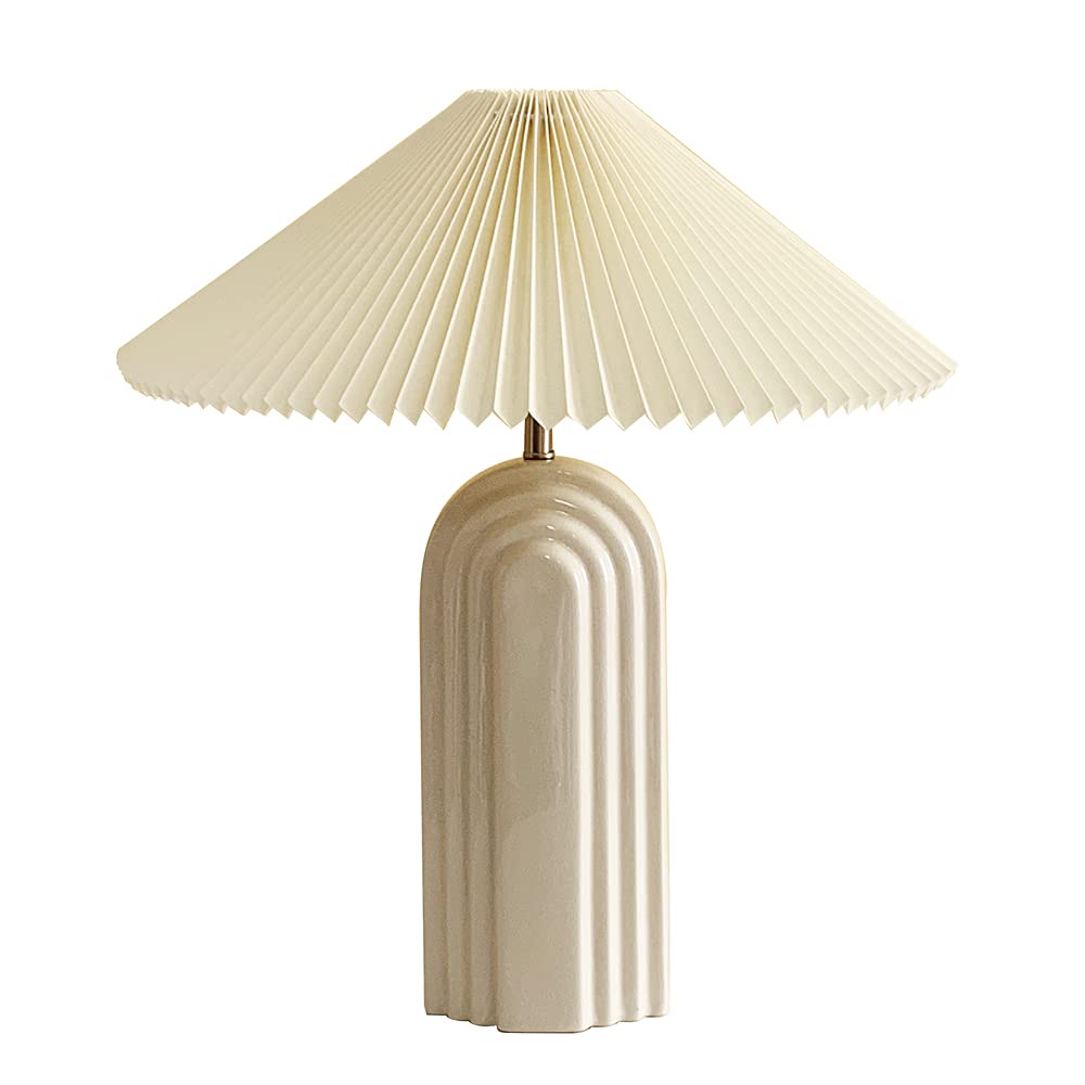 Modern Ceramic Table Lamp with TC Fabric Lampshade - Vintage Style Bedside Lamp for Living Room, Bedroom & Study (Cream) - Perfect for Reading, Relaxing & Home Decor