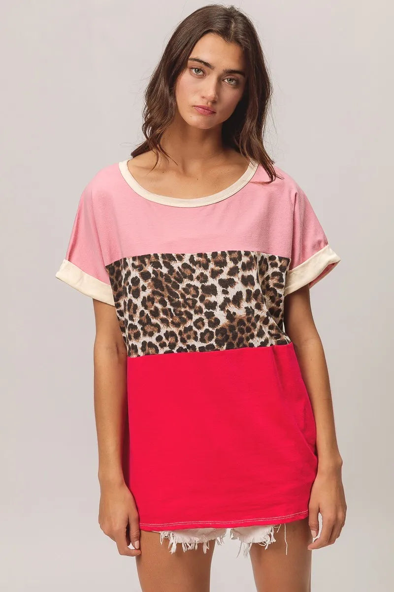 BiBi Leopard Print Jersey Color Block Roll Up - Stylish & Comfortable Women's T-Shirt for Casual Wear, Outfits & Daily Fashion