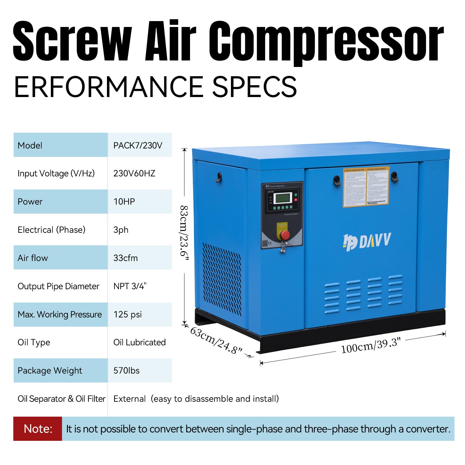 10HP 7.5KW 208-230V 3-Phase Rotary Screw Air Compressor | 33CFM 125PSI Max Pressure | NPT3/4