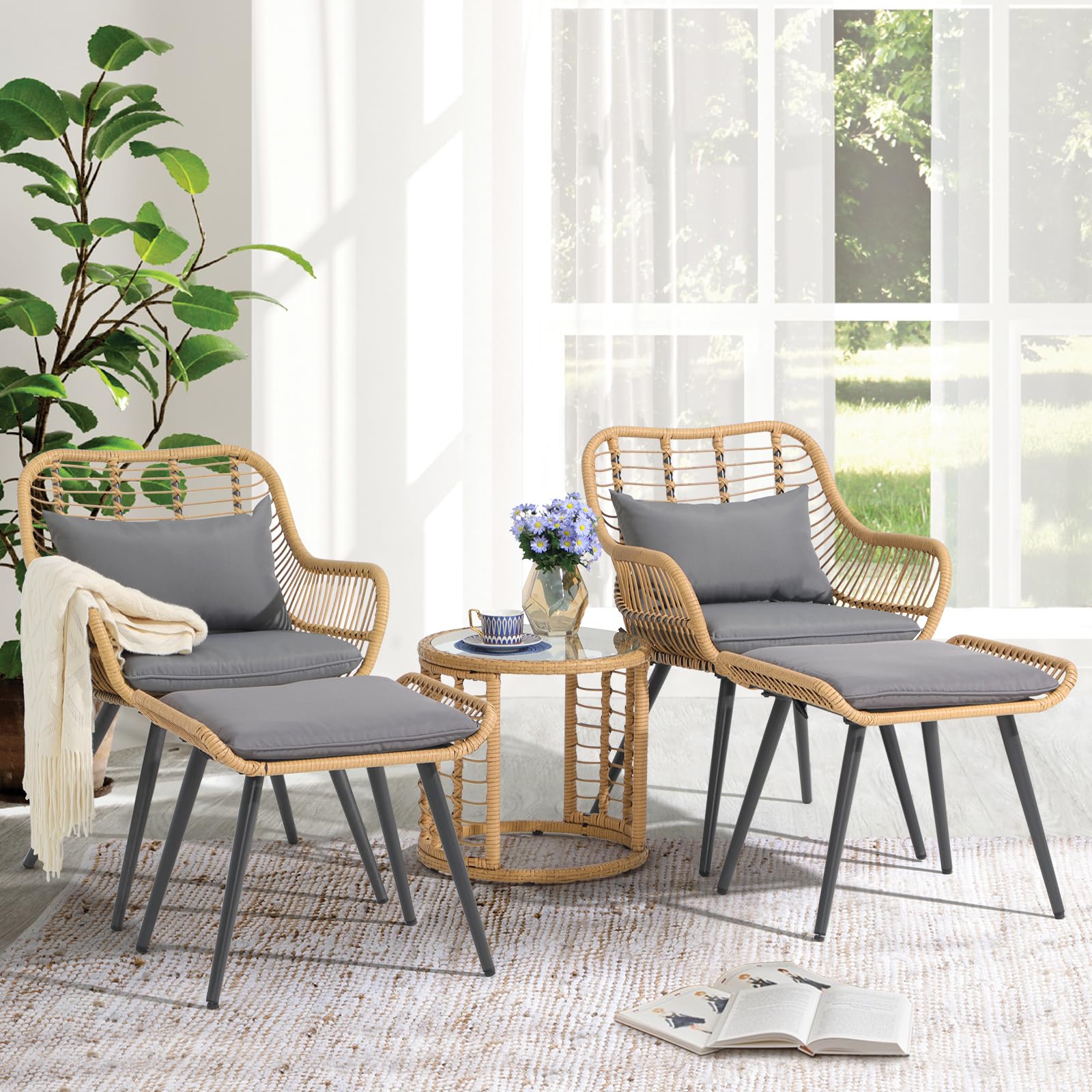 JOIVI 5-Piece Outdoor Patio Furniture Set - Wicker Rattan Conversation Set with Gray Cushions, 2 Chairs, Ottoman & Round Side Table for Porch, Balcony, Garden, Backyard - Perfect for Relaxing & Entertaining Outdoors