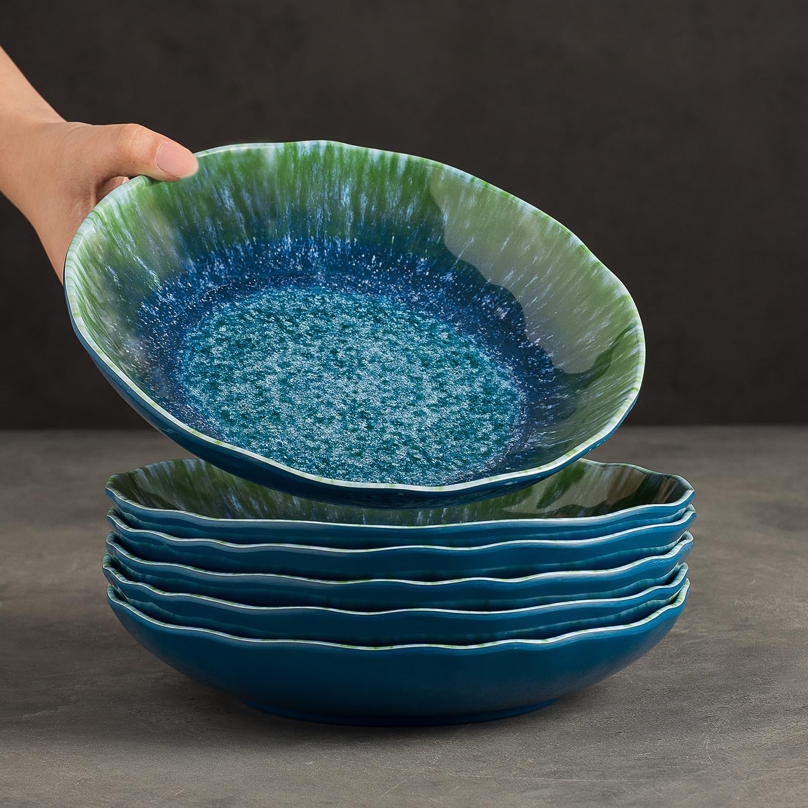 **Durable Melamine Pasta Bowls Set of 6 – 9 Inch Large Salad & Soup Bowls, Wide Shallow Turquoise Teal Round Dinnerware – Dishwasher Safe (Not Microwave or Oven Safe) – Perfect for Parties, Picnics & Outdoor Dining**