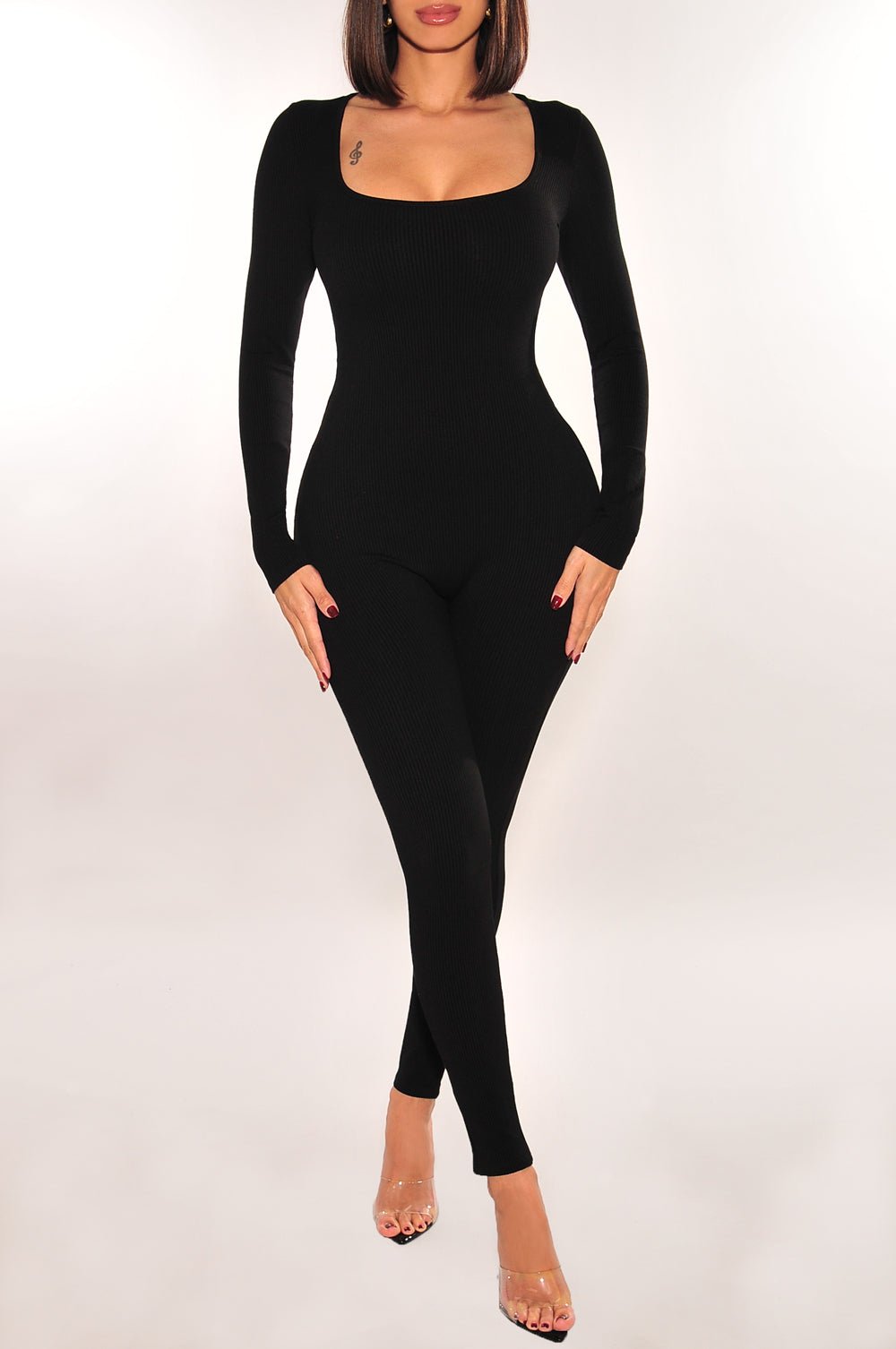 Black Ribbed Long Sleeve Square Neck Jumpsuit for Women - Elegant Stretchy Bodysuit for Casual Wear, Date Night & Office Outfits