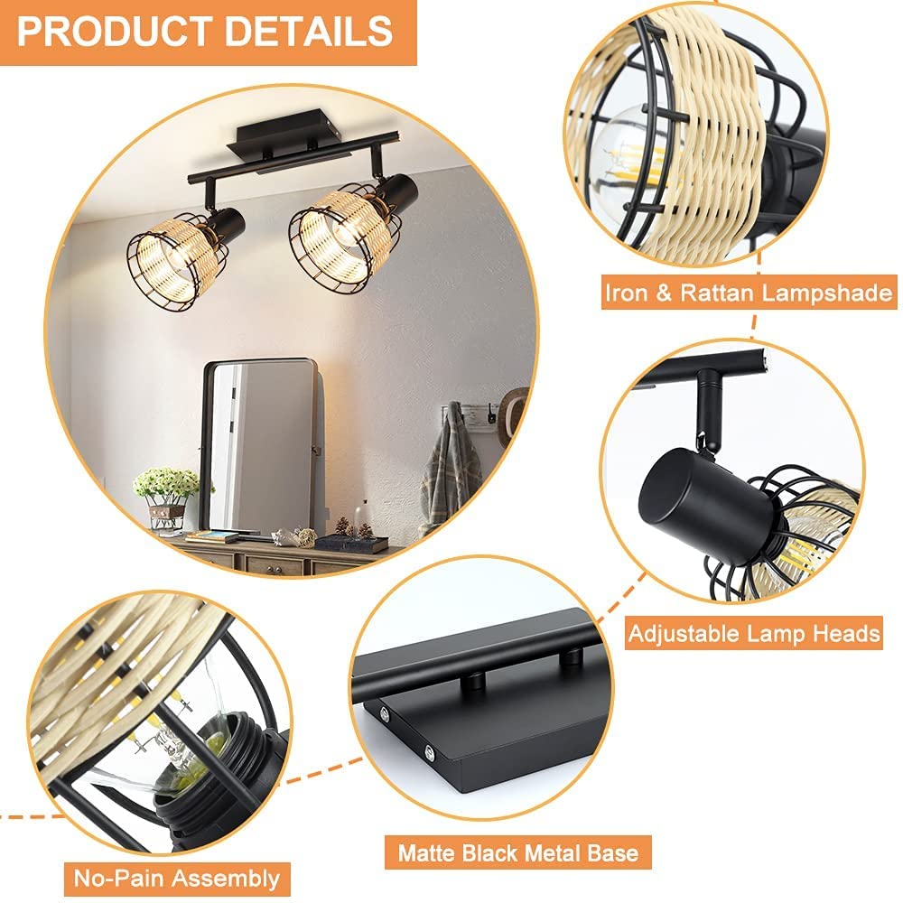 Depuley 2-Way Adjustable Spotlight Ceiling Light with Swivel Heads - Hollow Design Iron Rattan Lampshade - Modern Black Spot Lights for Kitchen, Living Room, Bedroom - Perfect for Ambient & Task Lighting