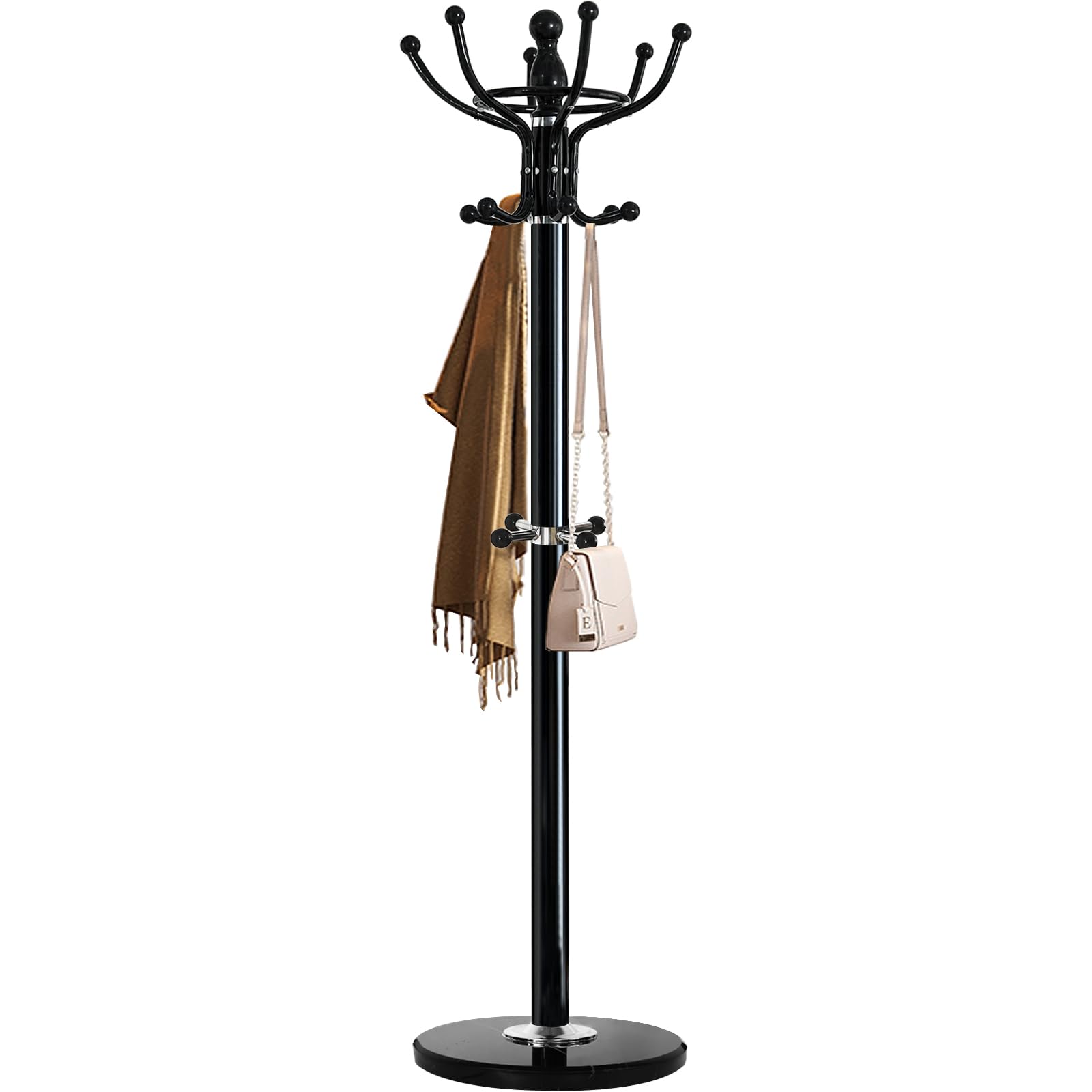 Kertnic 16-Hook Freestanding Coat Rack with Natural Marble Base - Entryway Hall Tree for Jackets, Hats, Purses & Scarves | Easy Assembly Black Coat Hanger Stand for Home, Office & Mudroom Organization