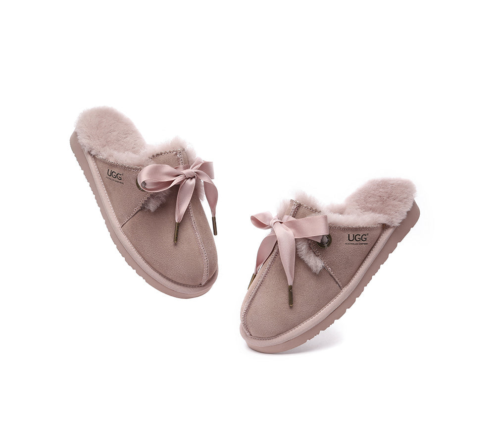 Australian Shepherd® Women's UGG Slippers - Genuine Sheepskin Wool House Shoes with Adjustable Ribbon Bow in Ruby Red | Cozy Indoor & Outdoor Winter Comfort for Home, Office and Travel