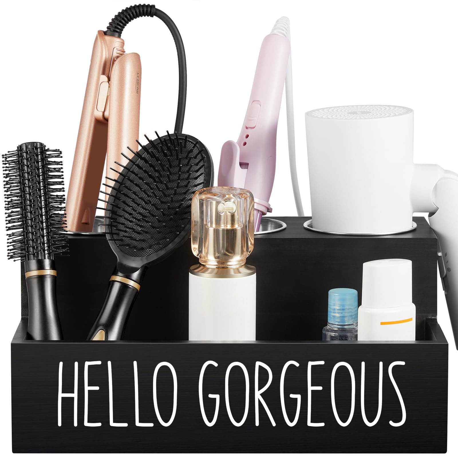 Wooden Hair Tool Organizer - Wall Mount & Countertop Holder for Hair Dryer, Curling Wand & Styling Tools | Bathroom Vanity Caddy | Perfect for Salon, Home & Travel Use (Black)