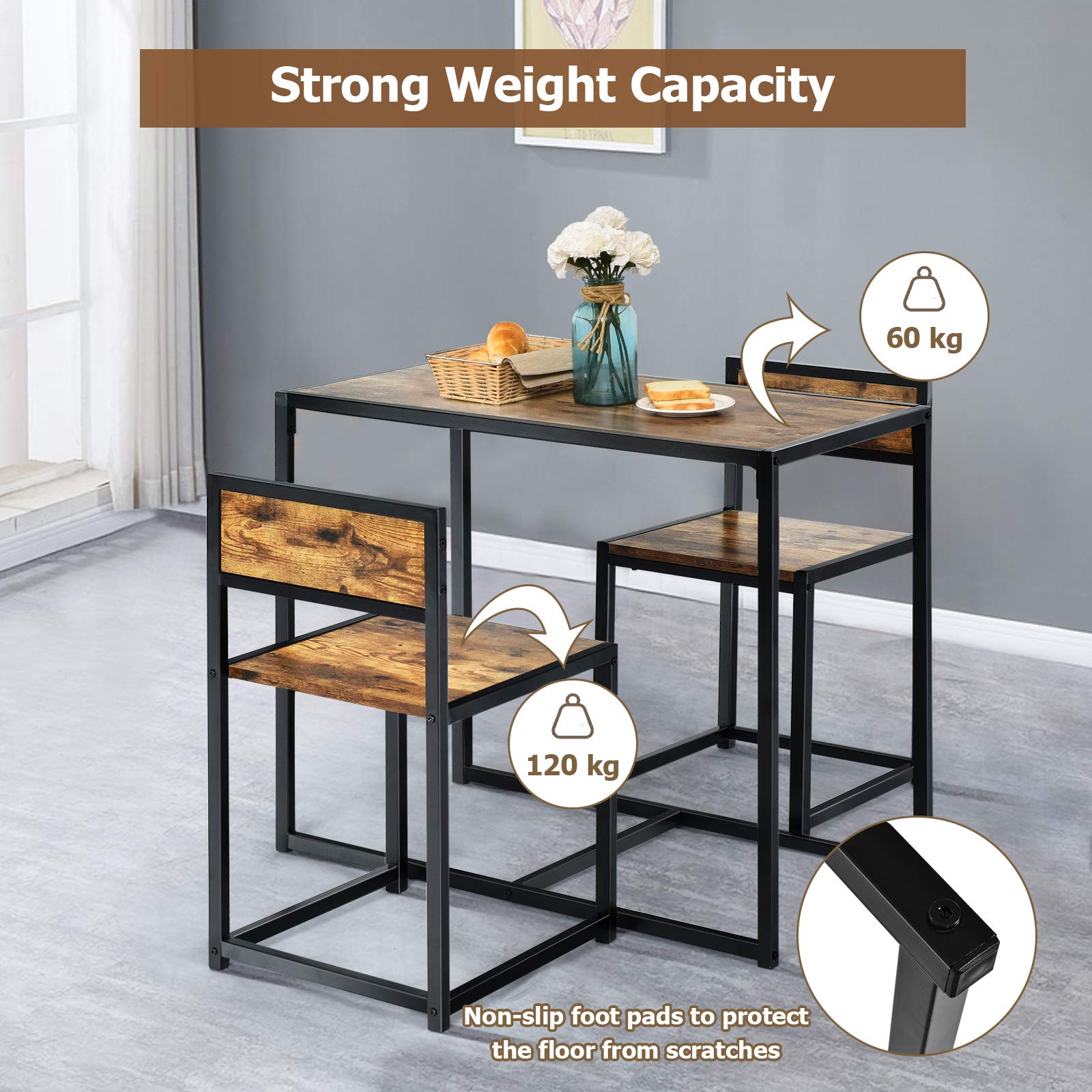 Giantex 3-Piece Industrial Dining Set - Small Kitchen Table with 2 Metal Chairs, Compact Bistro Pub Breakfast Table for Apartments & Small Spaces (Antique Finish) - Perfect for Studio Apartments, Tiny Homes & Cozy Breakfast Nooks